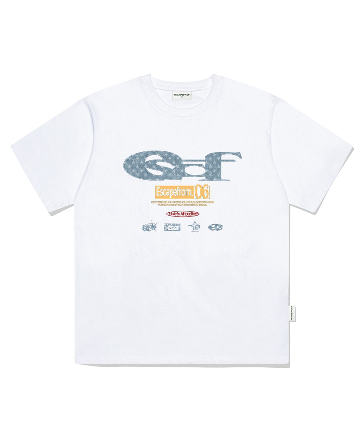 이스케이프프롬(ESCAPEFROM) 블루 별 데님 ESCF 로고 콜라주 프린트 오버핏 반팔티 화이트