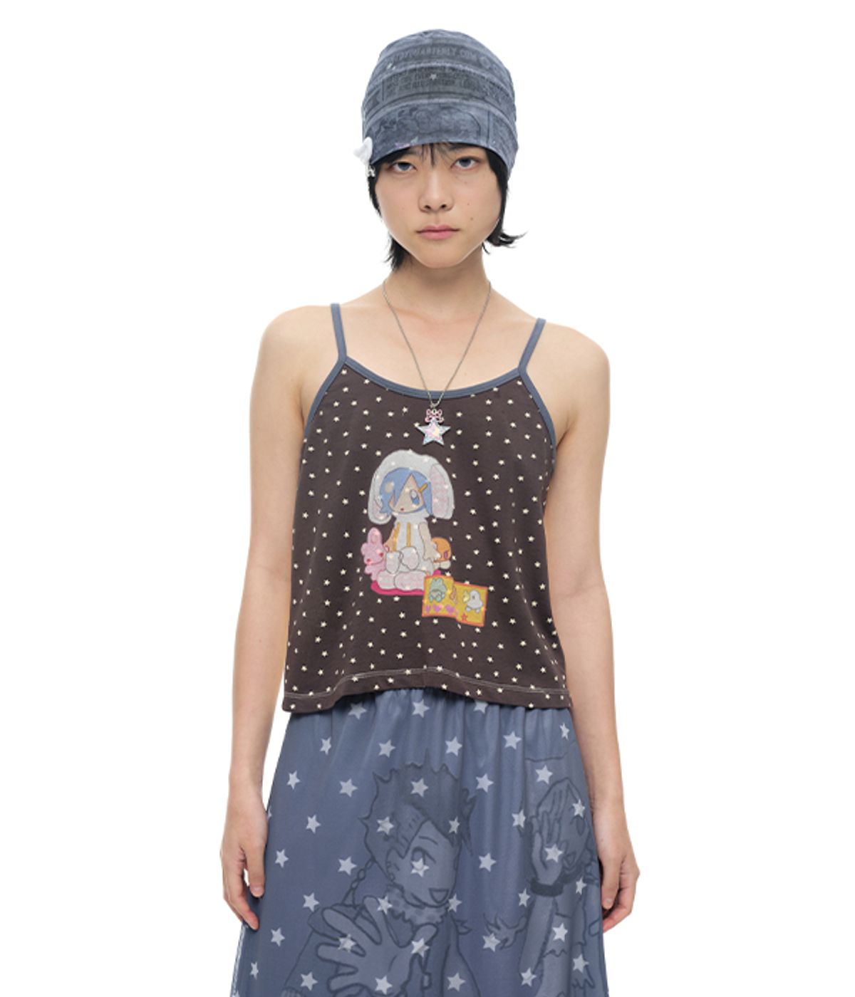 유쓰배쓰(YOUTHBATH) YB x Oliwa Star Graphic Shirred Back Cami_charcoal
