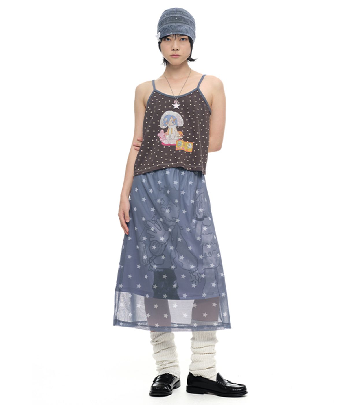 유쓰배쓰(YOUTHBATH) YB x Oliwa Star Graphic Shirred Back Cami_charcoal