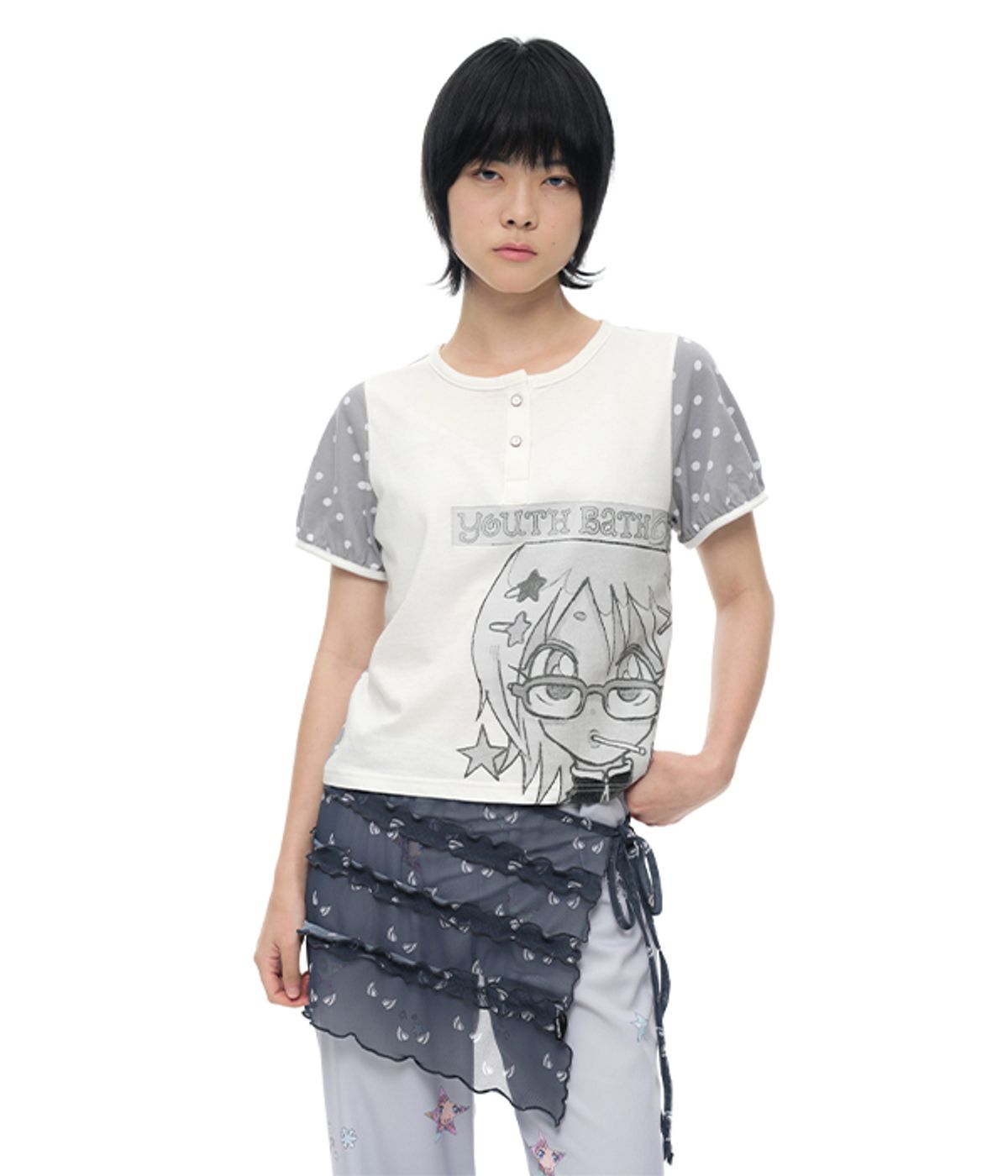 유쓰배쓰(YOUTHBATH) YB x Oliwa Dot Puff Sleeve Henley Top