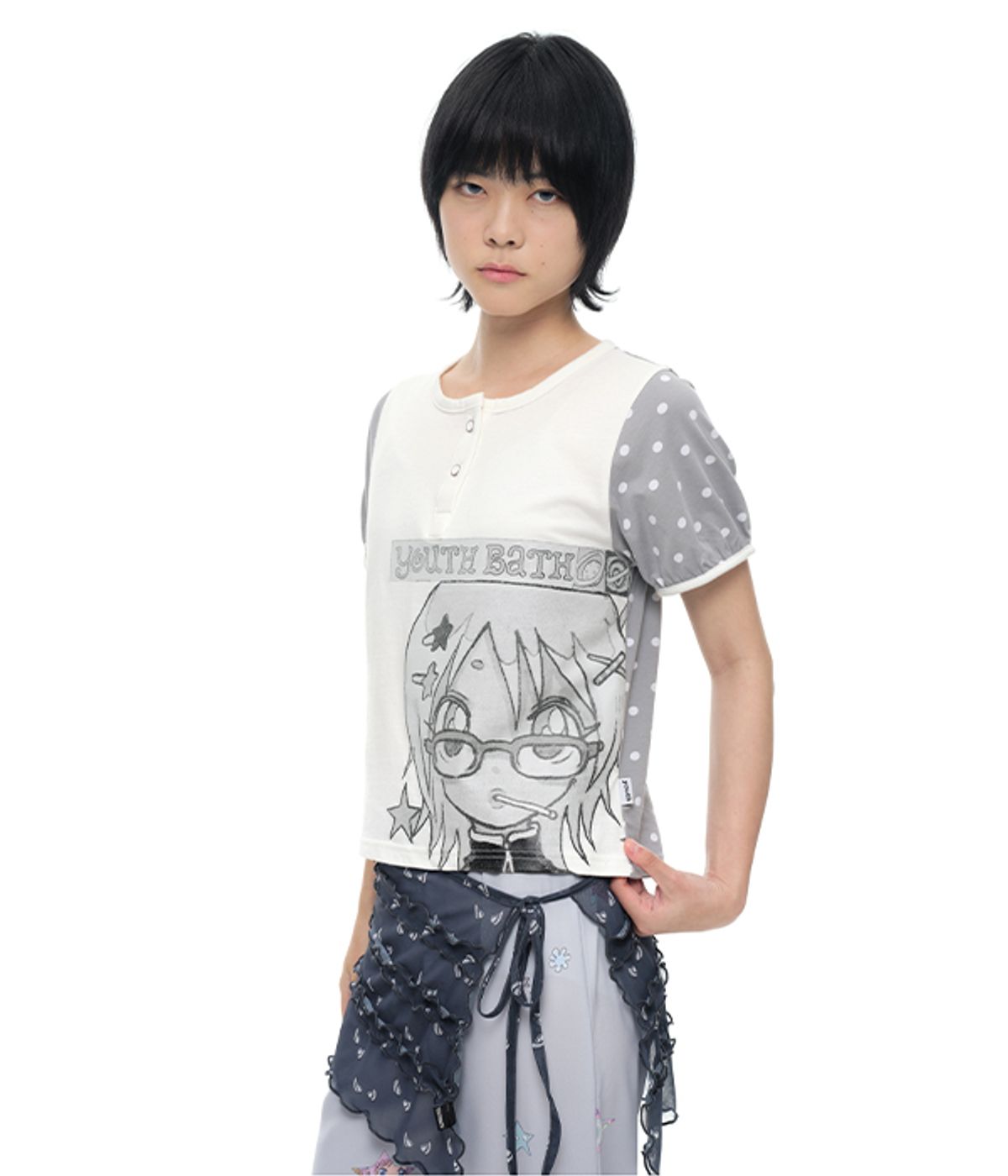 유쓰배쓰(YOUTHBATH) YB x Oliwa Dot Puff Sleeve Henley Top
