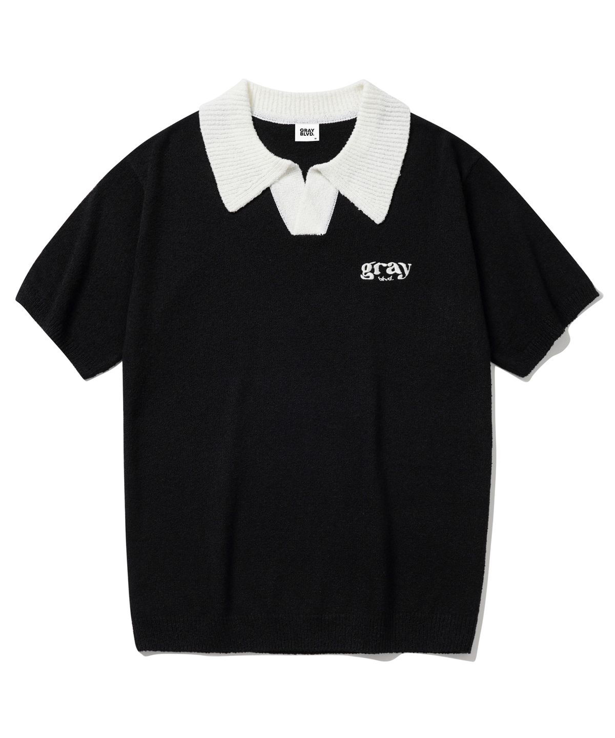 그레이블러밧(GRAYBLVD) 글로우 오픈 카라 니트 반팔 GKBST32 (BLACK)
