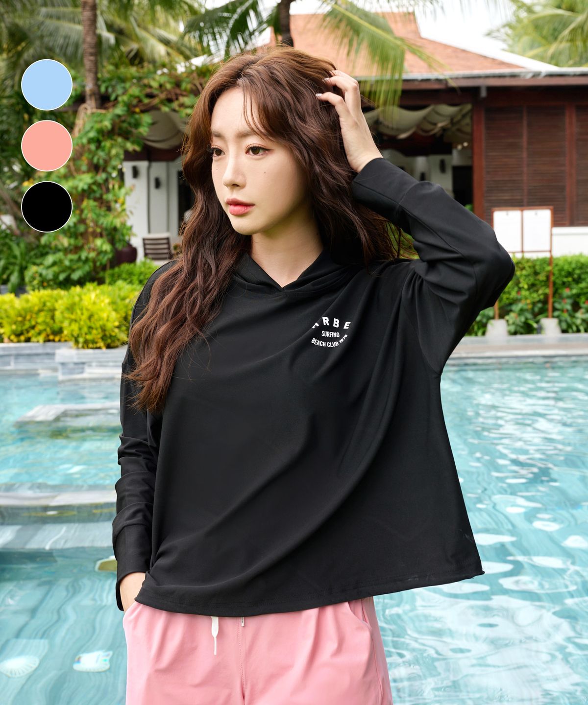 헤링본(HERRINGBONE) 여성 루즈핏 후드 크롭 롱슬리브 래쉬가드 (3color) / RI389W