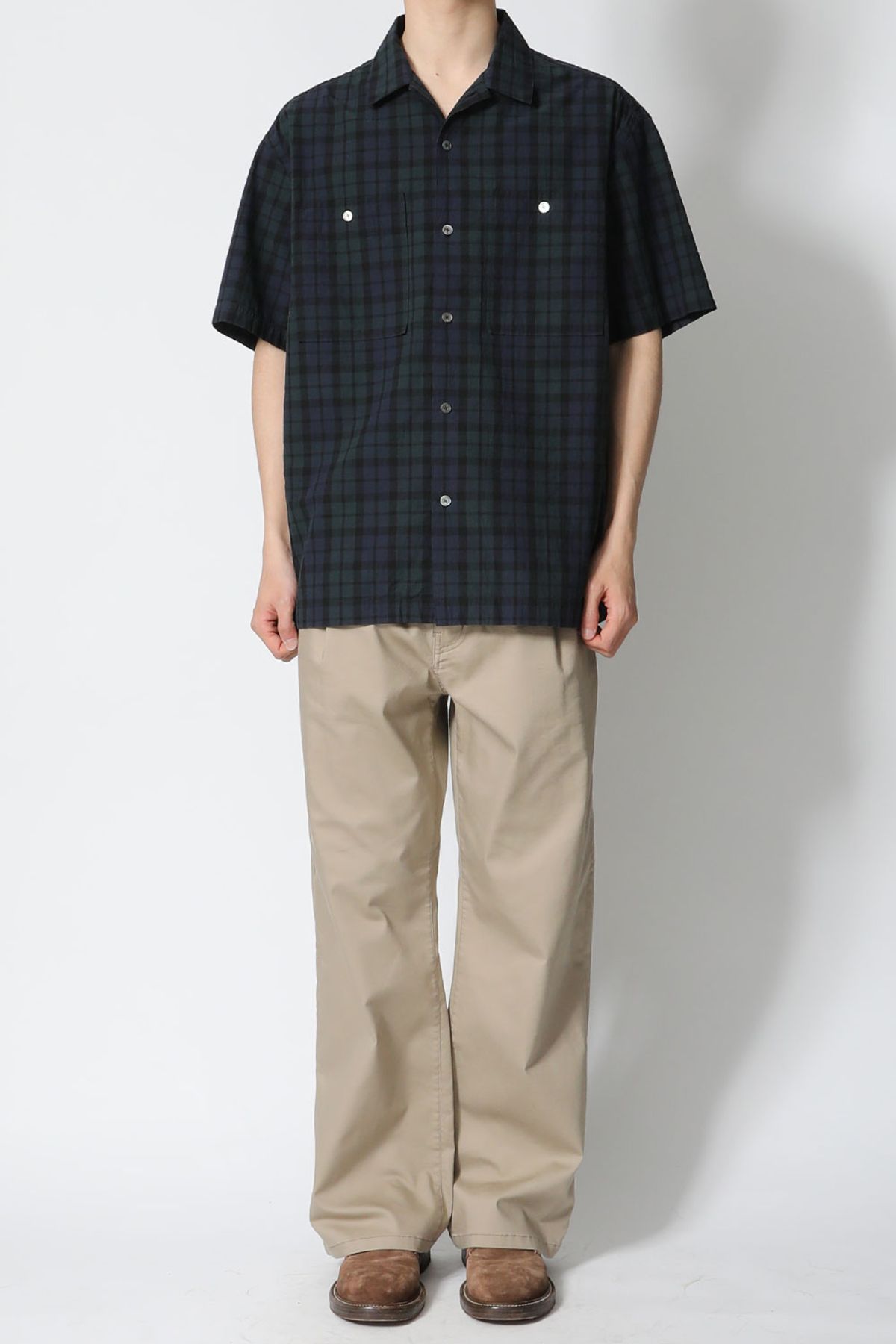 홀리선(HORLISUN) Joshua TD check Open Collar Shirt Green Black