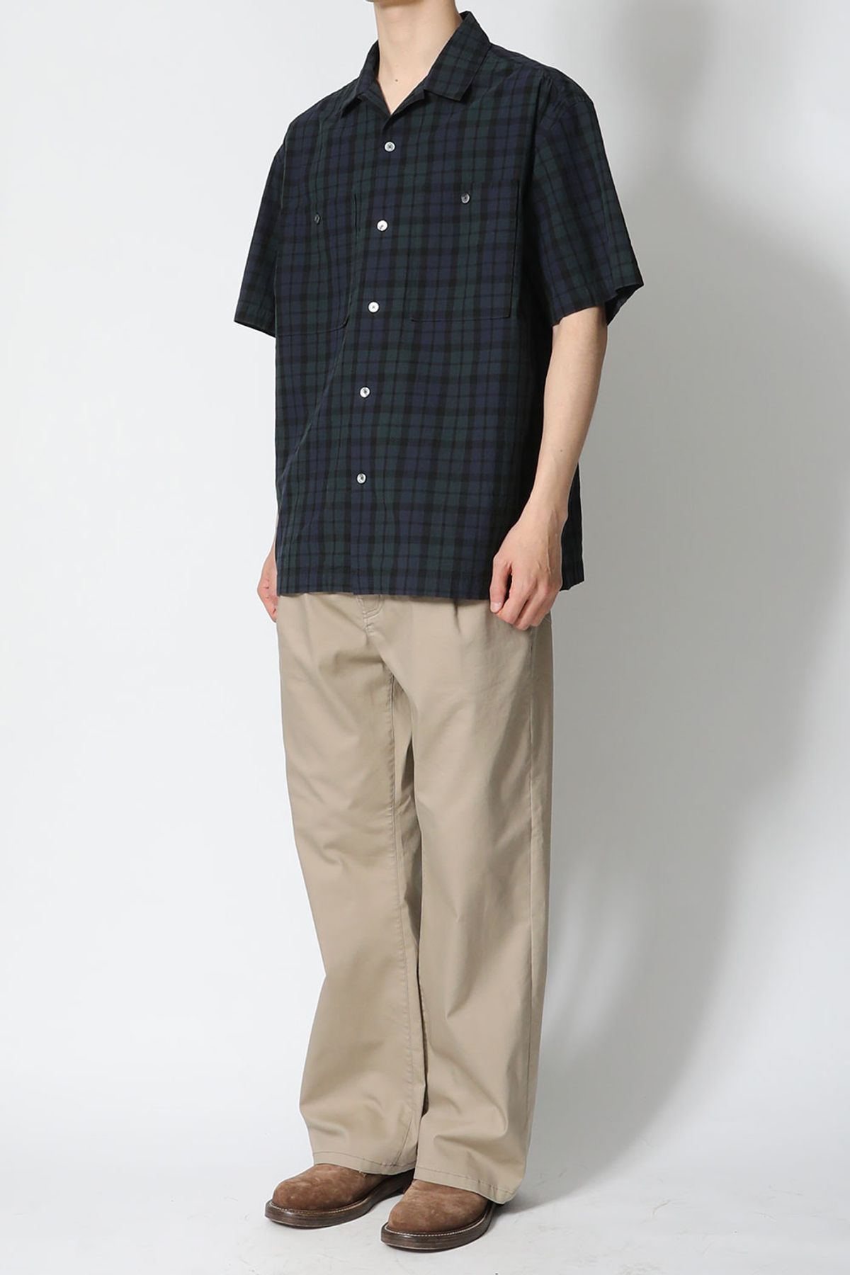 홀리선(HORLISUN) Joshua TD check Open Collar Shirt Green Black