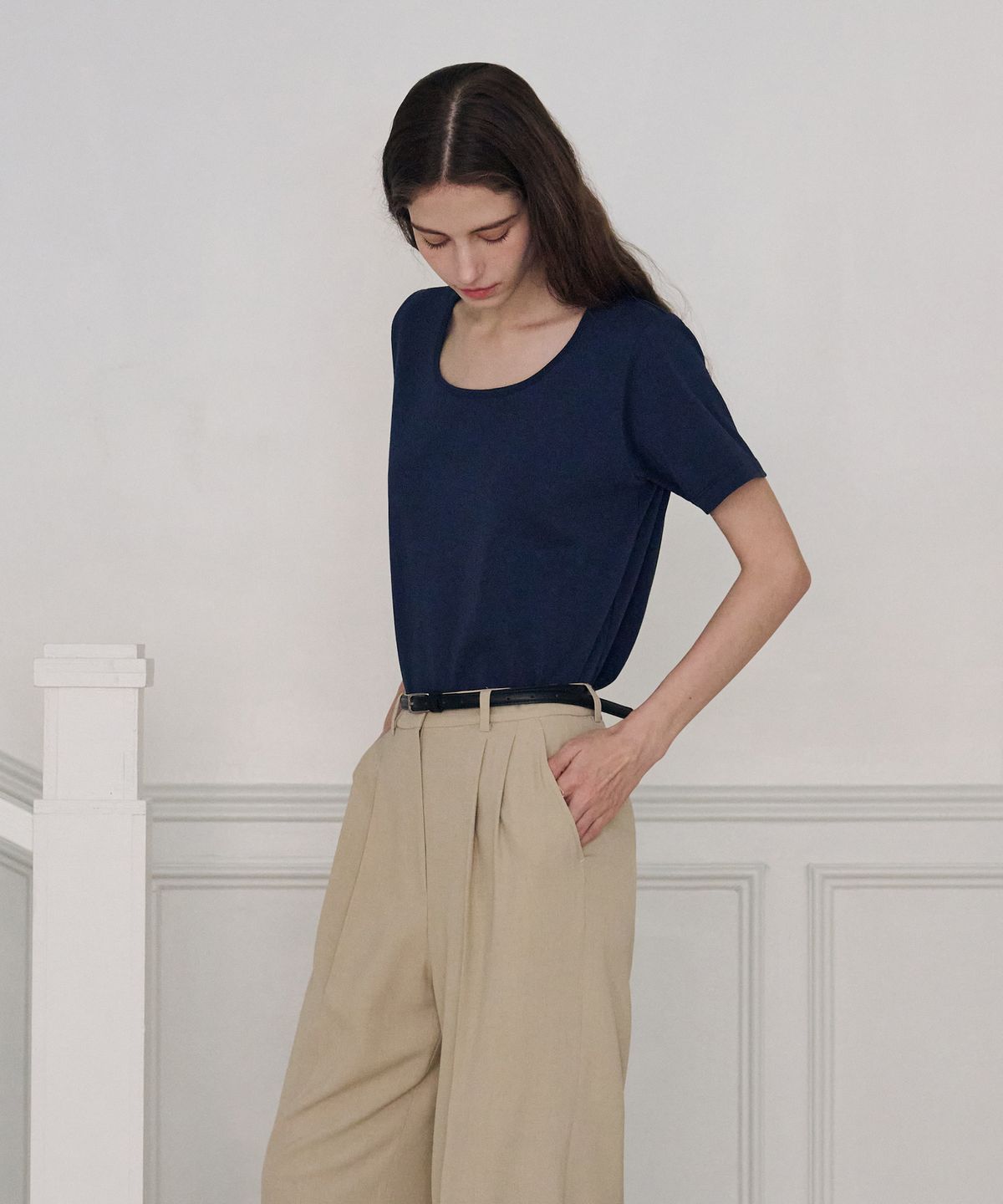 드로우핏 우먼(DRAWFIT WOMEN) 수피마 실켓 유 넥 반팔 티셔츠 [WHITE]