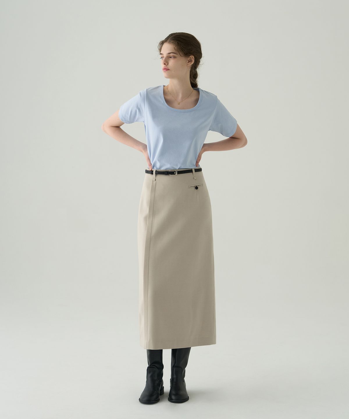 드로우핏 우먼(DRAWFIT WOMEN) 수피마 실켓 유 넥 반팔 티셔츠 [BLACK]