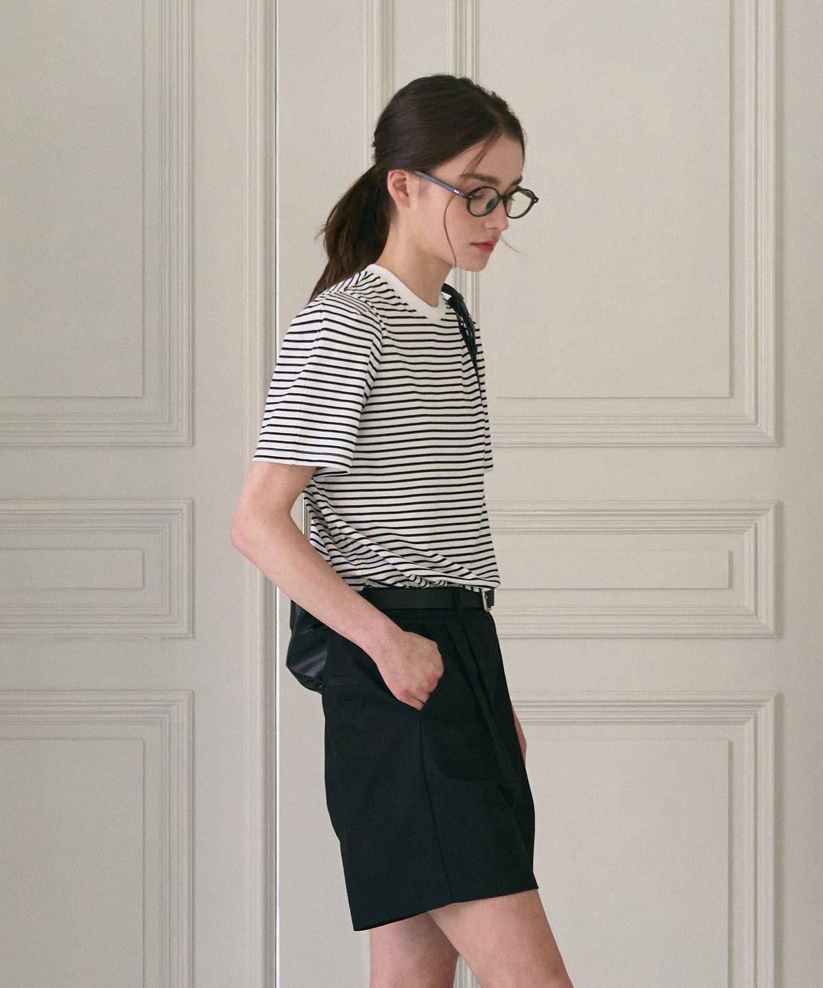 드로우핏 우먼(DRAWFIT WOMEN) 스트라이프 퍼프 반팔 티셔츠 [NAVY]