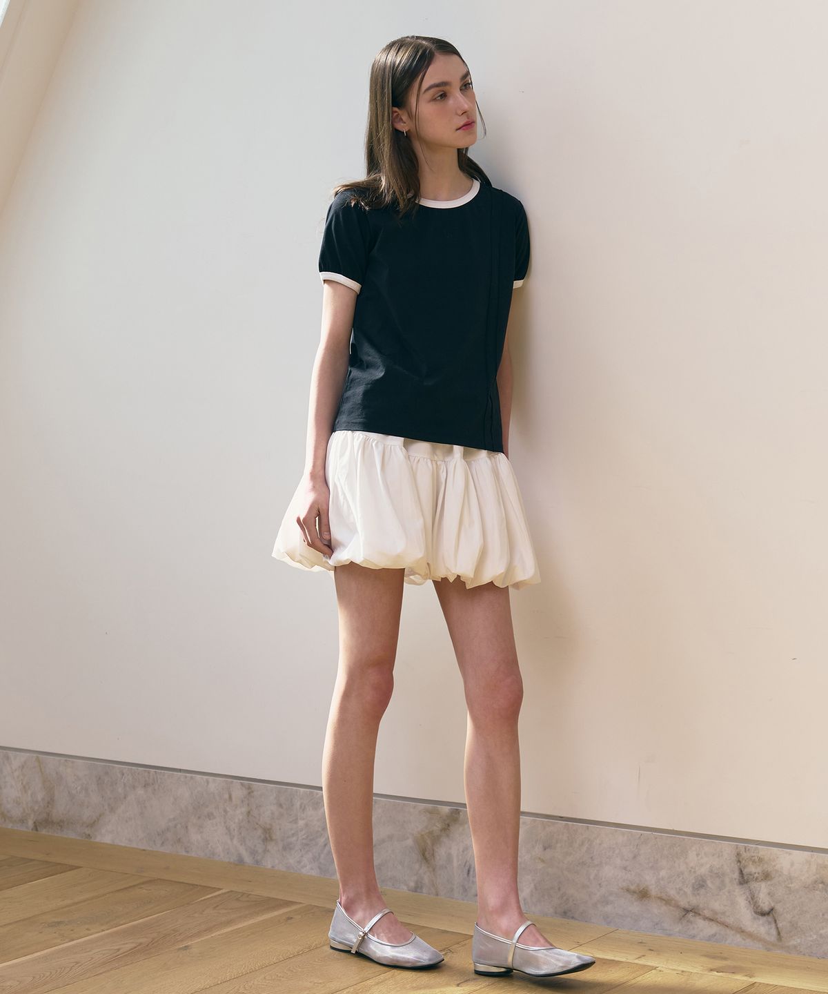 드로우핏 우먼(DRAWFIT WOMEN) 더블 핀턱 링거 티셔츠 [WHITE]