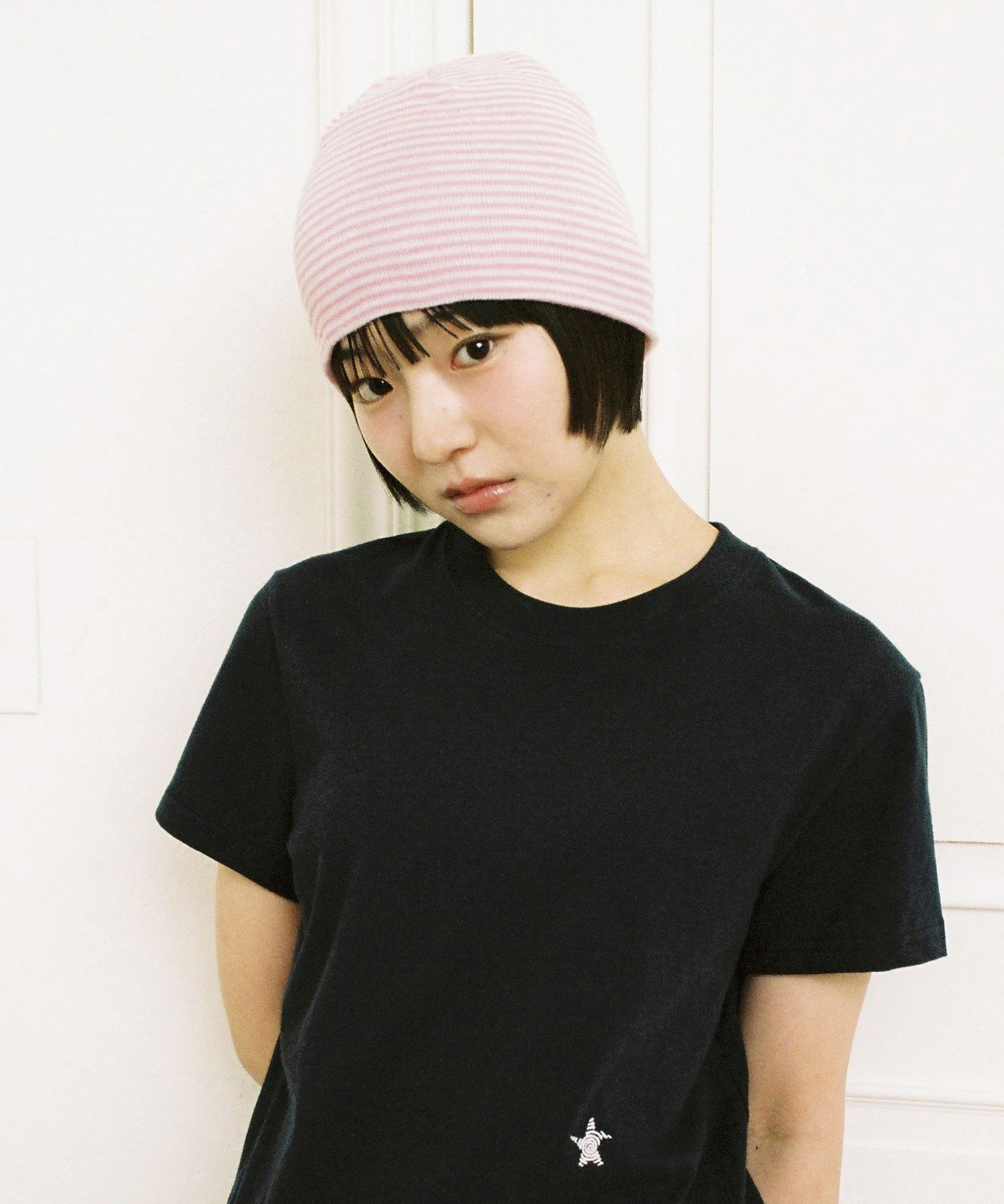MUSINSA | WEBHOUSE Twister Star Stripe Short Beanie - Pink/White