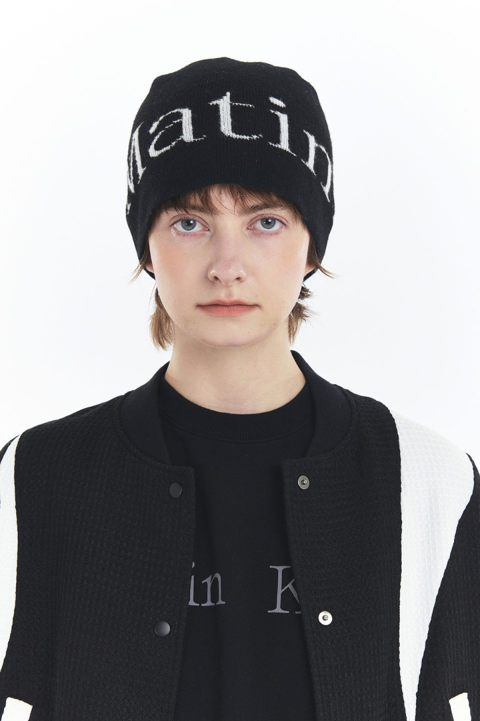 MUSINSA | MATIN KIM LOGO JACQUARD SHORT BEANIE IN BLACK