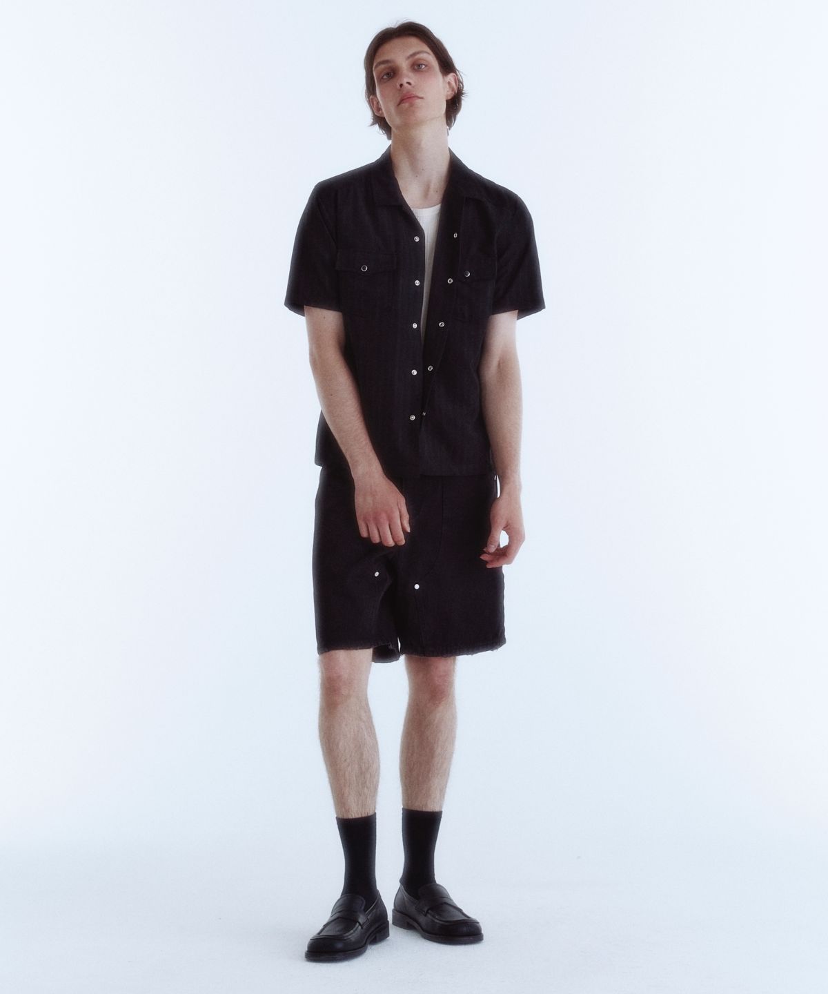키네토(KINETO) 더블 니 카펜터 데님 숏 팬츠_블랙