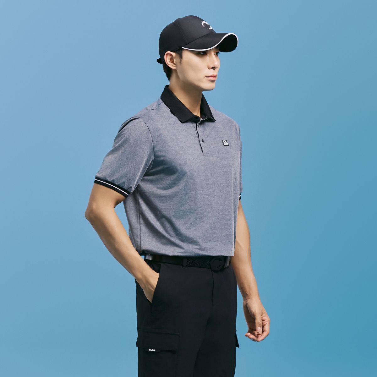 챌린저(CHALLENGER) 남성 에센셜 트리코트 배색 포인트 카라 반팔 티셔츠 멜란지그레이