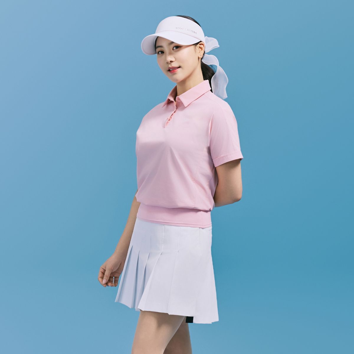 챌린저(CHALLENGER) 여성 펀칭 디테일 카라 반팔 우븐탑 핑크