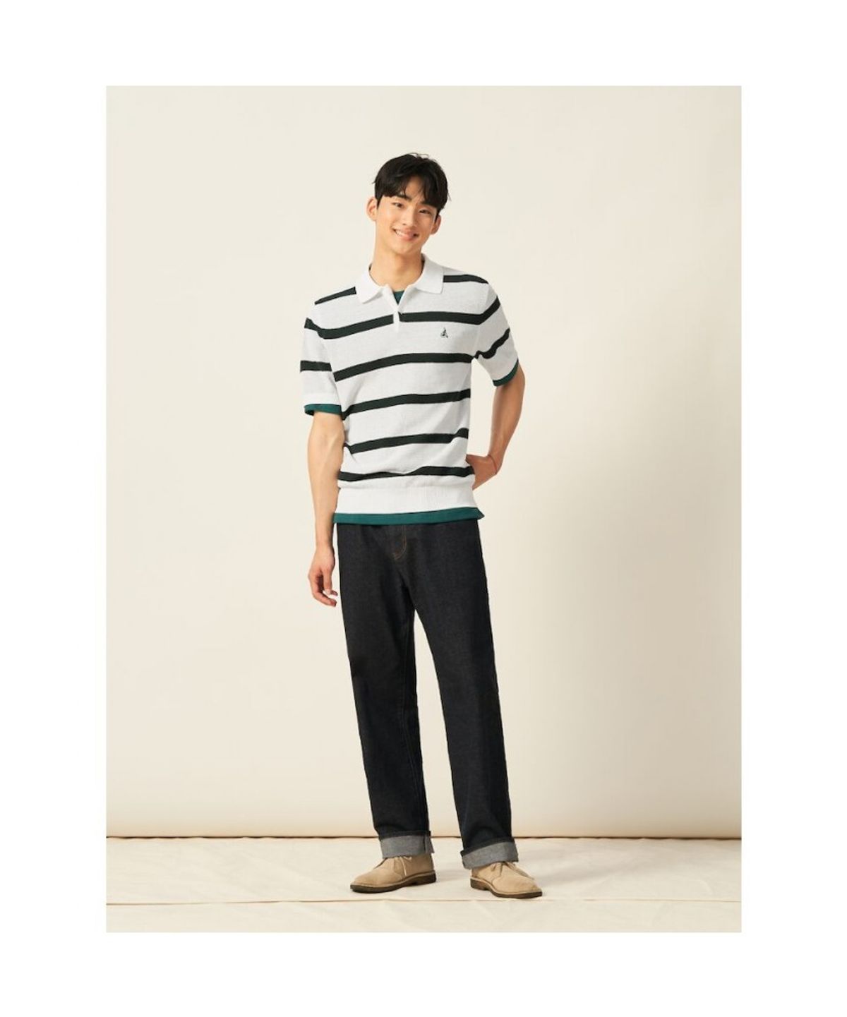 빈폴 멘(BEANPOLE MEN) 볼드 스트라이프 칼라넥 니트  화이트 (BC5451C421)