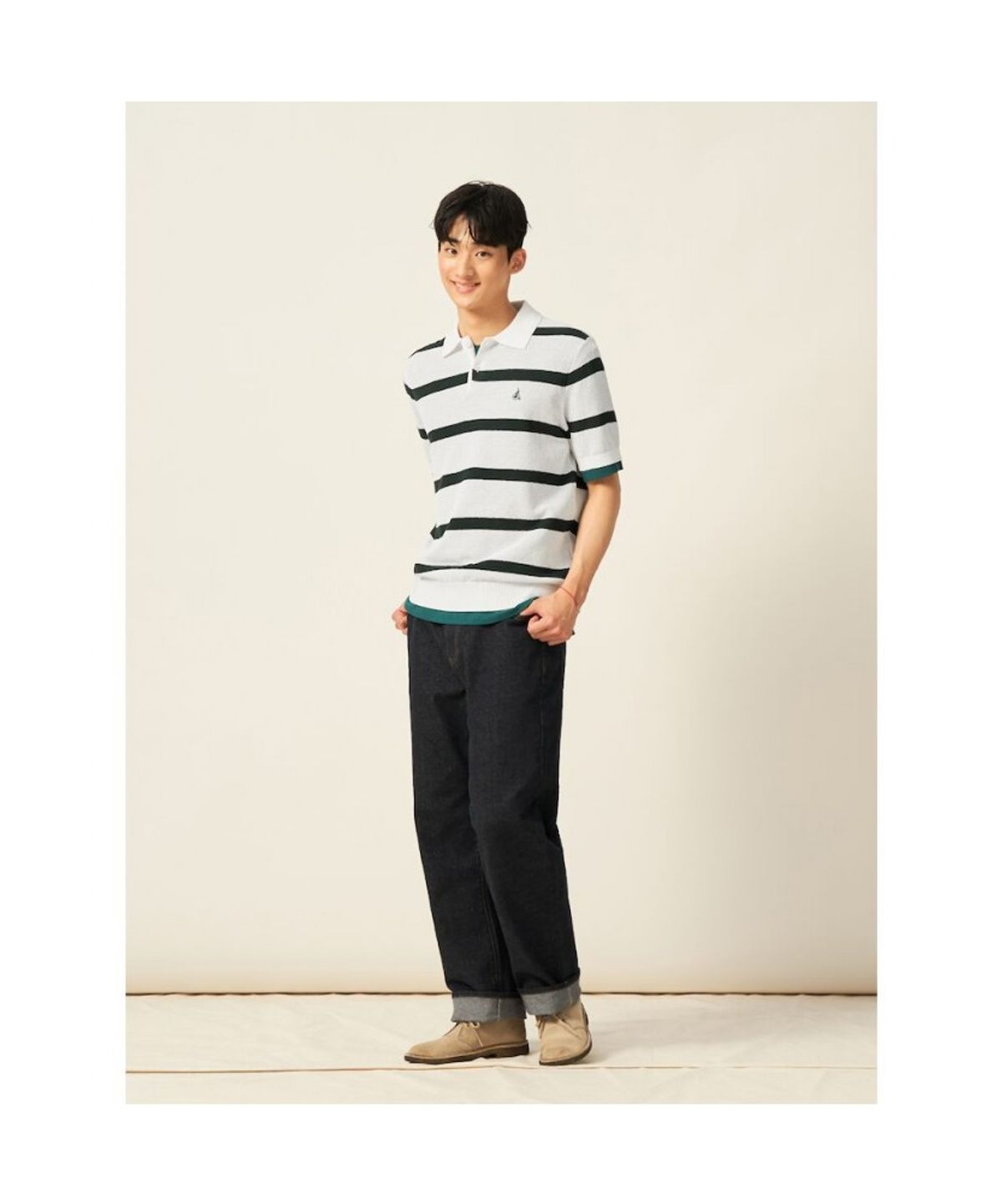 빈폴 멘(BEANPOLE MEN) 볼드 스트라이프 칼라넥 니트  화이트 (BC5451C421)