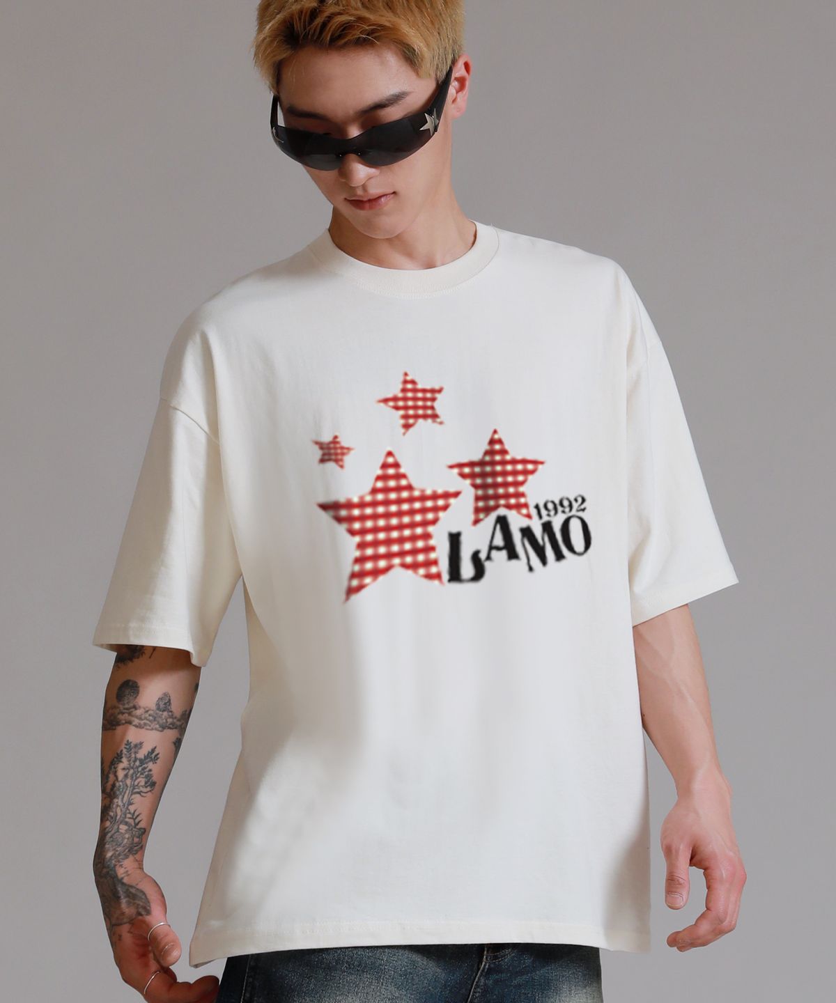 라이크더모스트(LIKE THE MOST) 패턴스타 라모 오버핏 반팔 티셔츠_크림