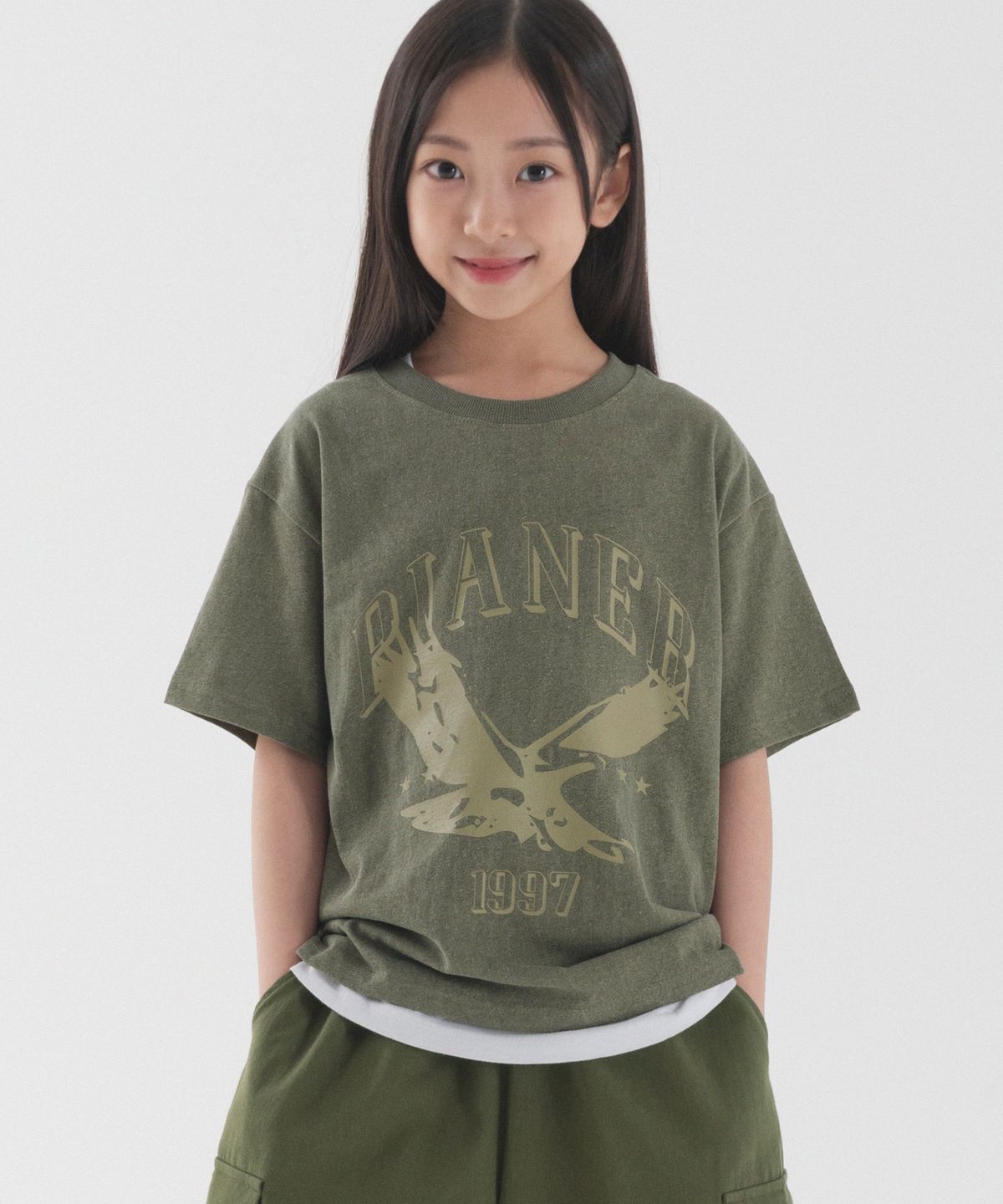 피아네르 키즈(PIANER KIDS) 이글 피그먼트 오버핏 반팔 (카키)
