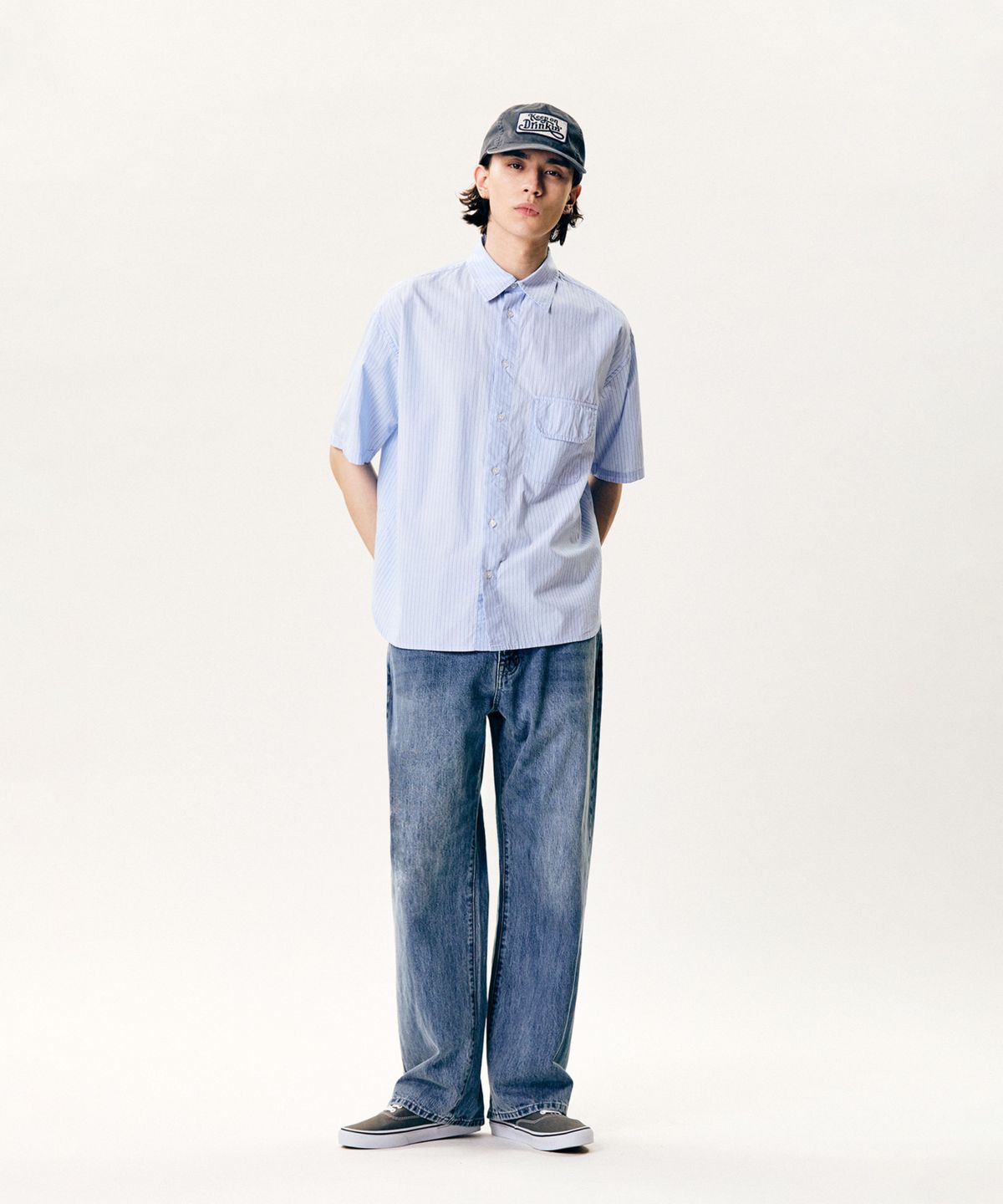 에스피오나지(ESPIONAGE) Vintage Stripe Flap Pocket S/S Shirt Light Blue