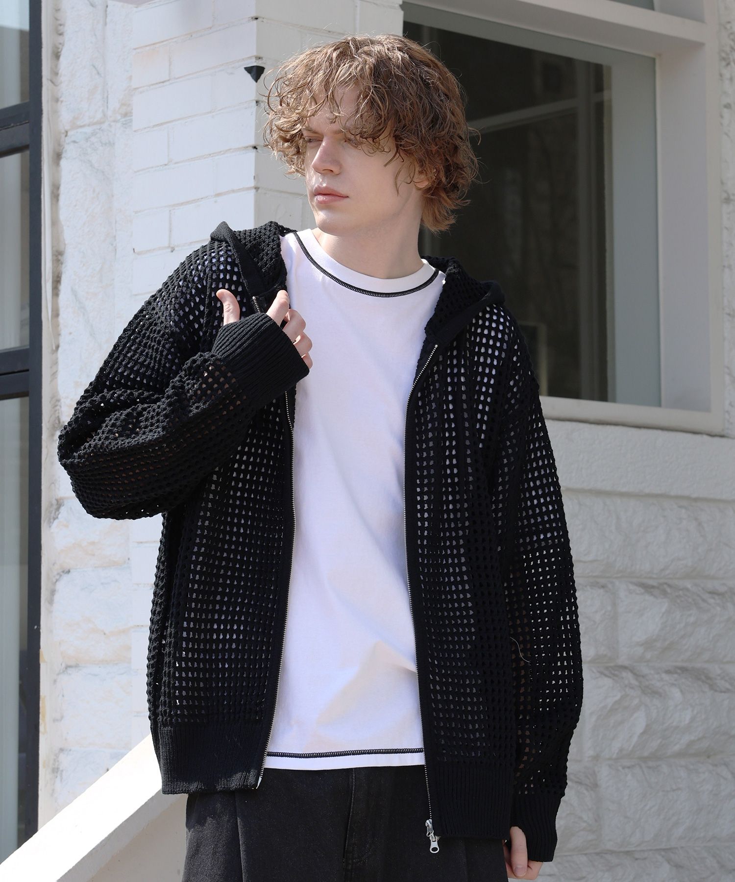MUSINSA | GHOST REPUBLIC Punching Mesh Hooded Zip-up Knit