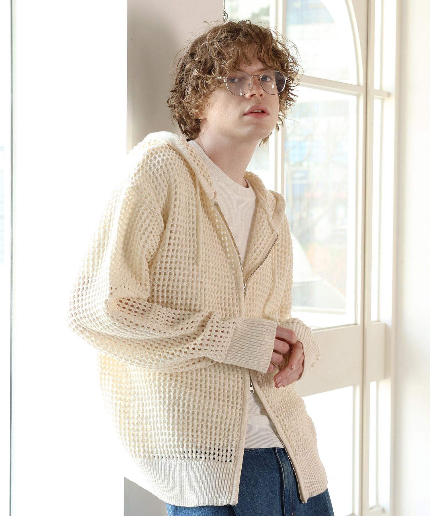 MUSINSA | GHOST REPUBLIC Punching Mesh Hooded Zip-up Knit
