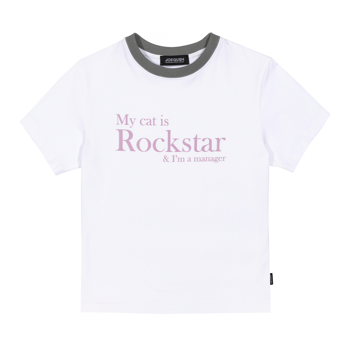 조거쉬(JOEGUSH) My cat is Rockstar T-shirt (Crop Ver.) (White/Grey)