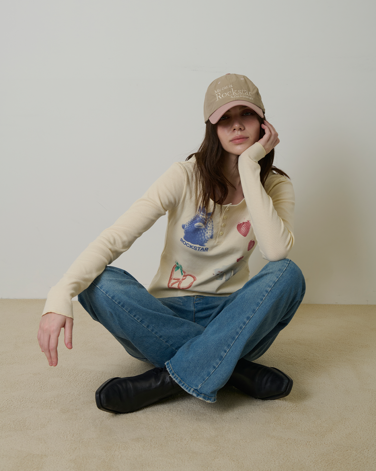 조거쉬(JOEGUSH) Rockstar cat Nylon cap (Beige/Dusty Pink)