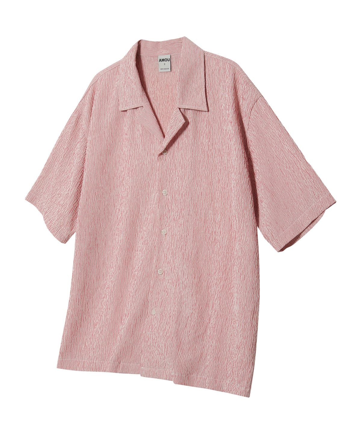 아모우(AMOU) Wrinkle stripe Open Collar half shirts red