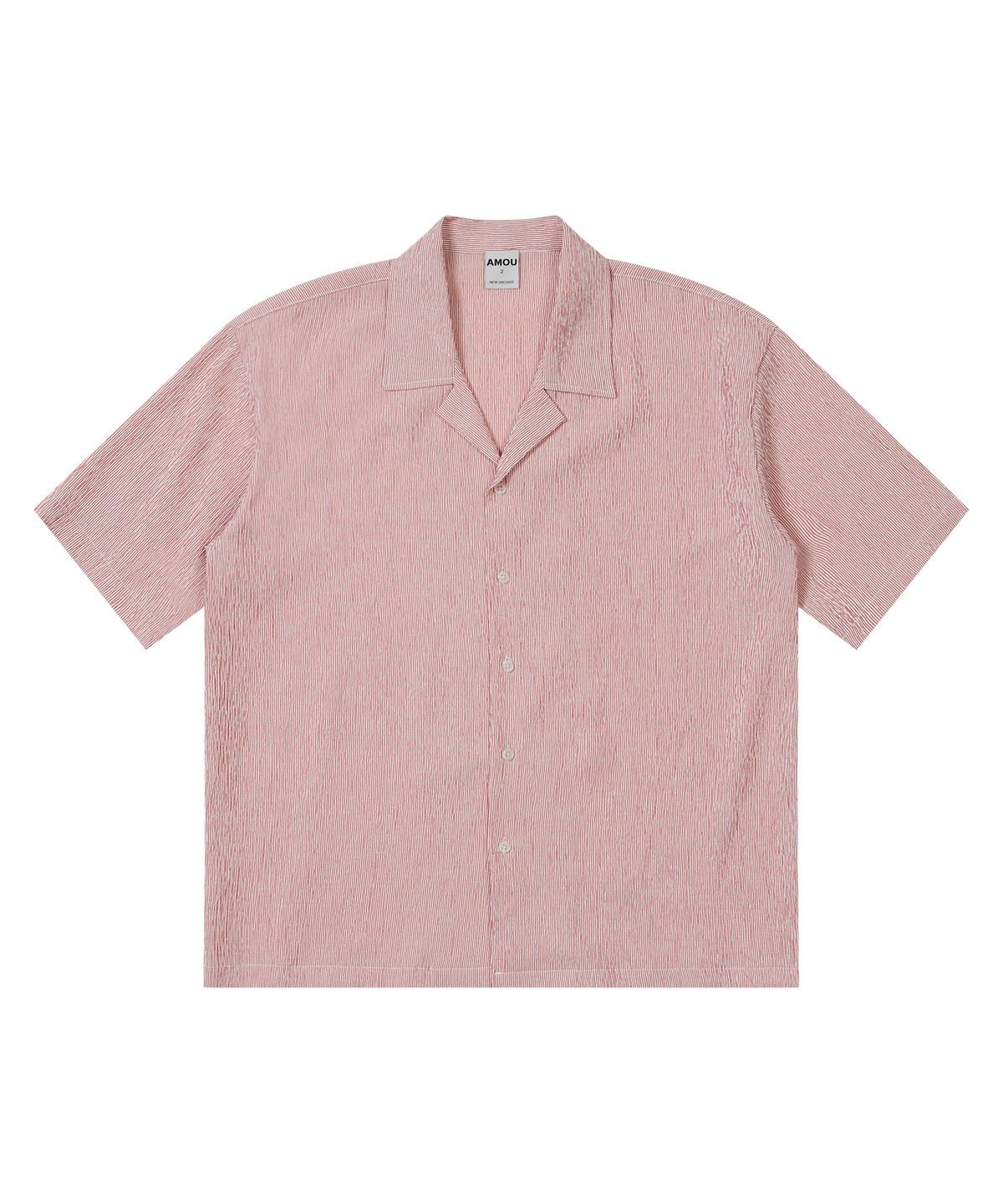 아모우(AMOU) Wrinkle stripe Open Collar half shirts red