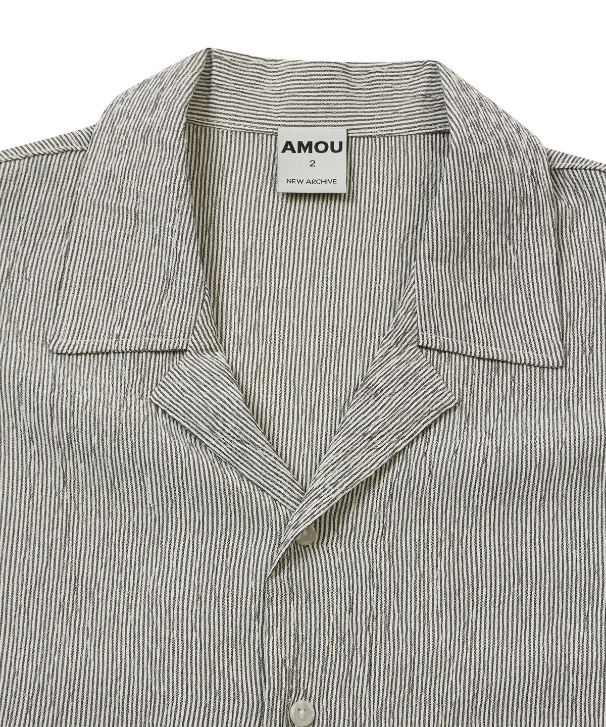 아모우(AMOU) Wrinkle stripe Open Collar half shirts black