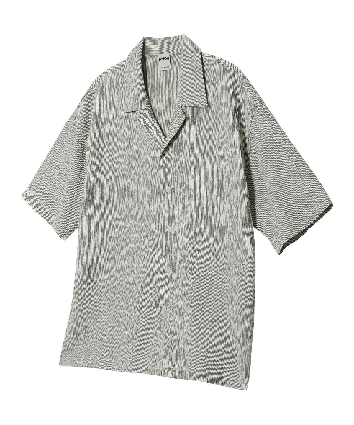 아모우(AMOU) Wrinkle stripe Open Collar half shirts black