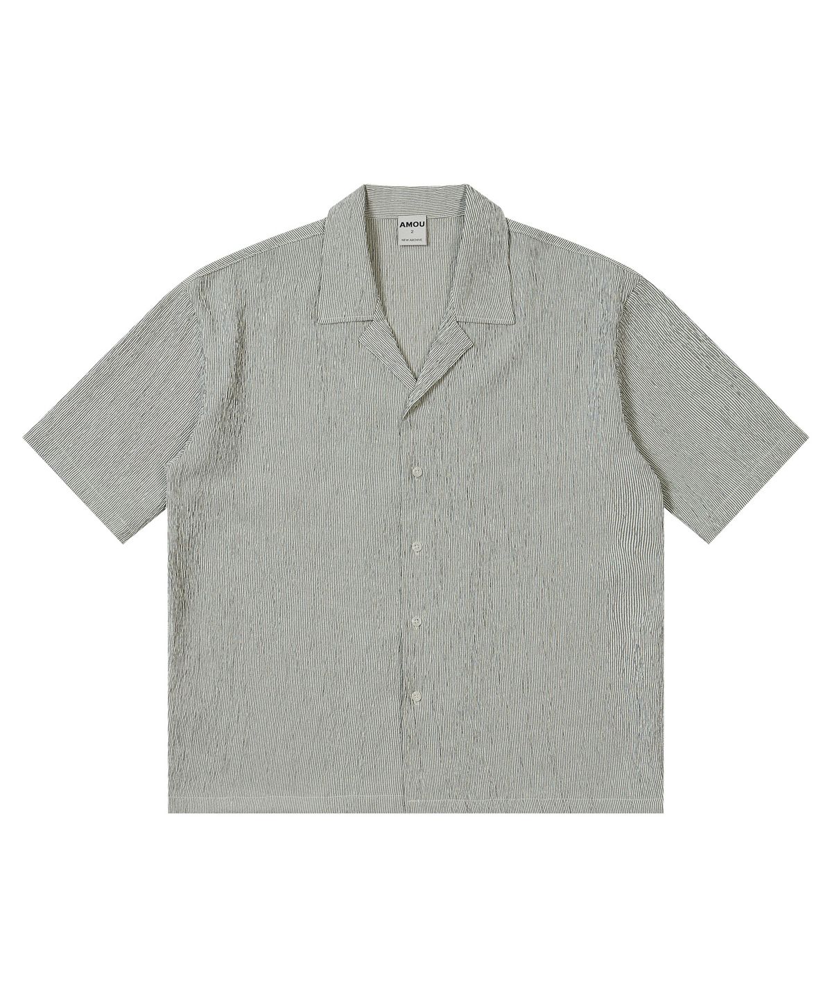 아모우(AMOU) Wrinkle stripe Open Collar half shirts black