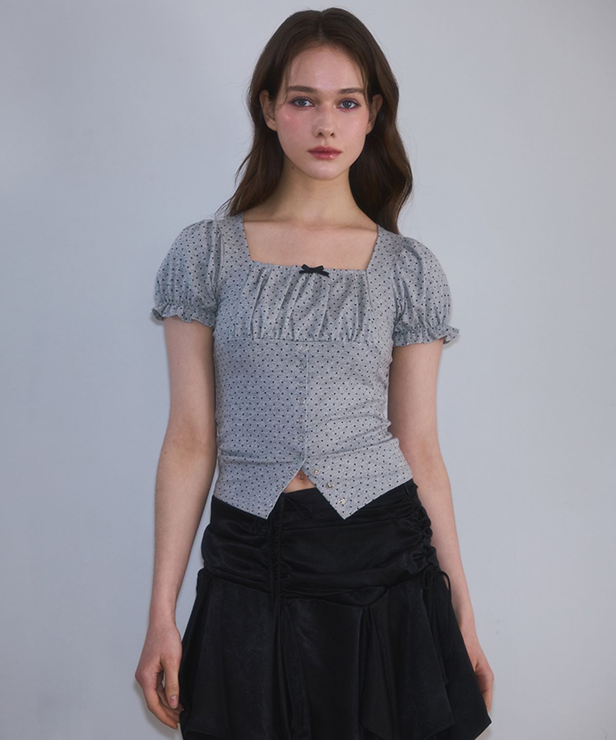로제프란츠(ROSEFRANTZ) Dot Puff shirring T-shirt [Gray]
