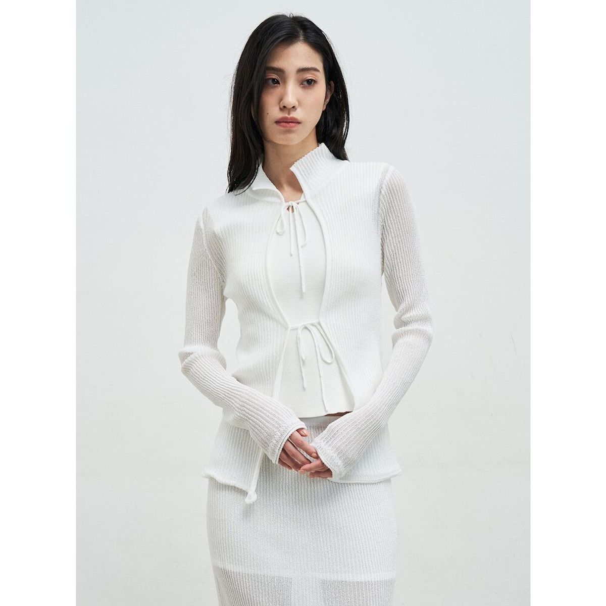 앙개(ANGGAE) Textured Knit Tie Cardigan  White