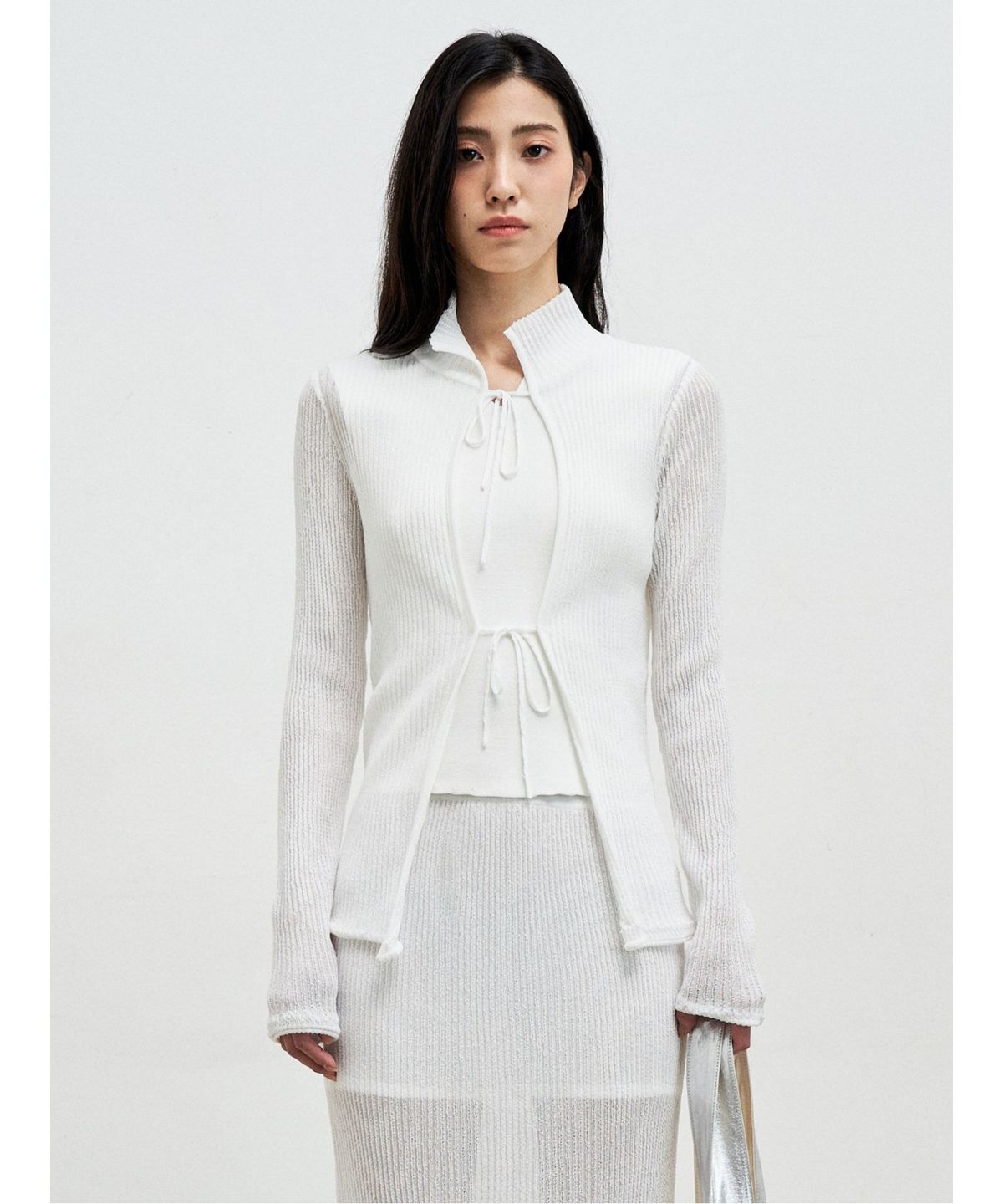 앙개(ANGGAE) Textured Knit Tie Cardigan  White