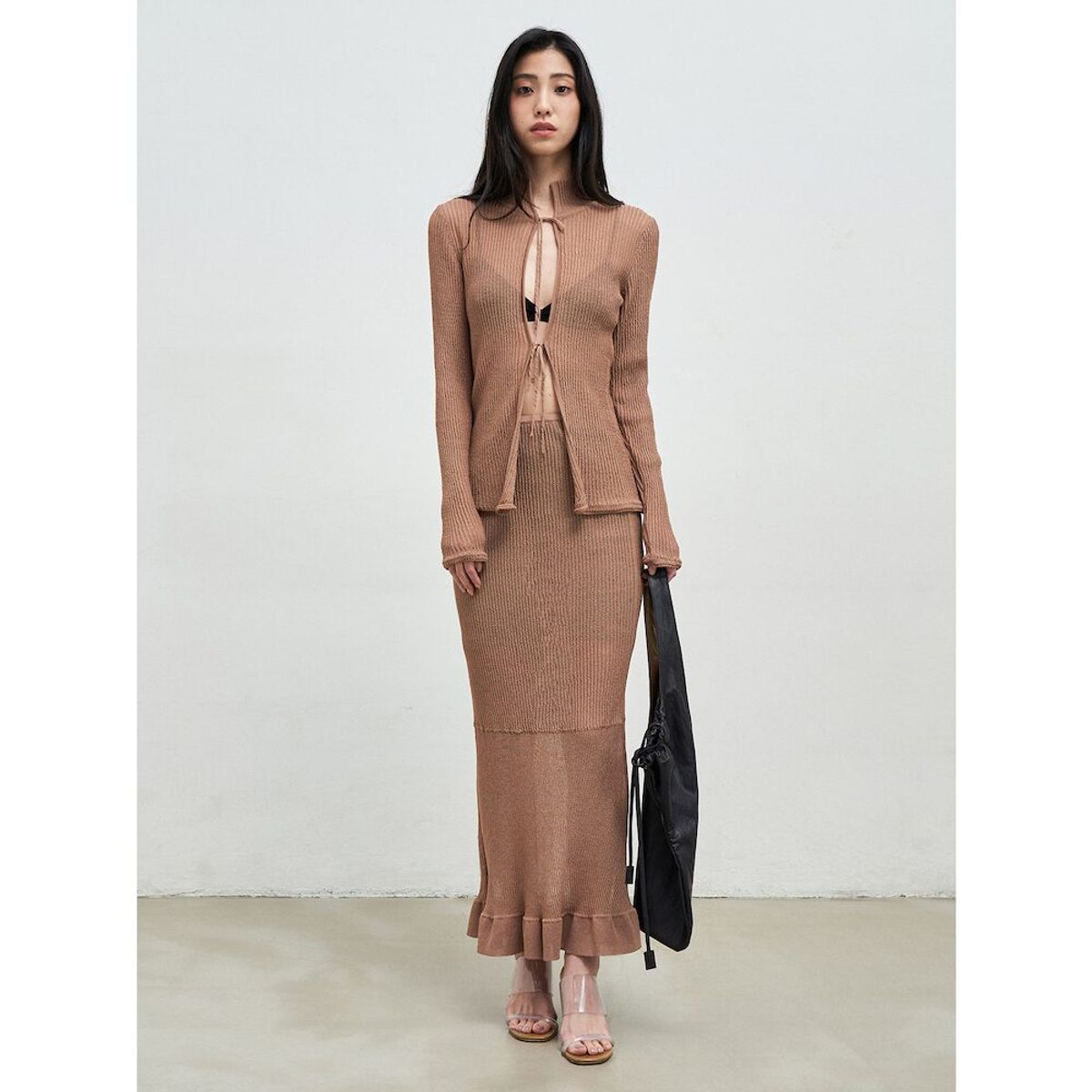 앙개(ANGGAE) Textured Knit Tie Cardigan  Brown