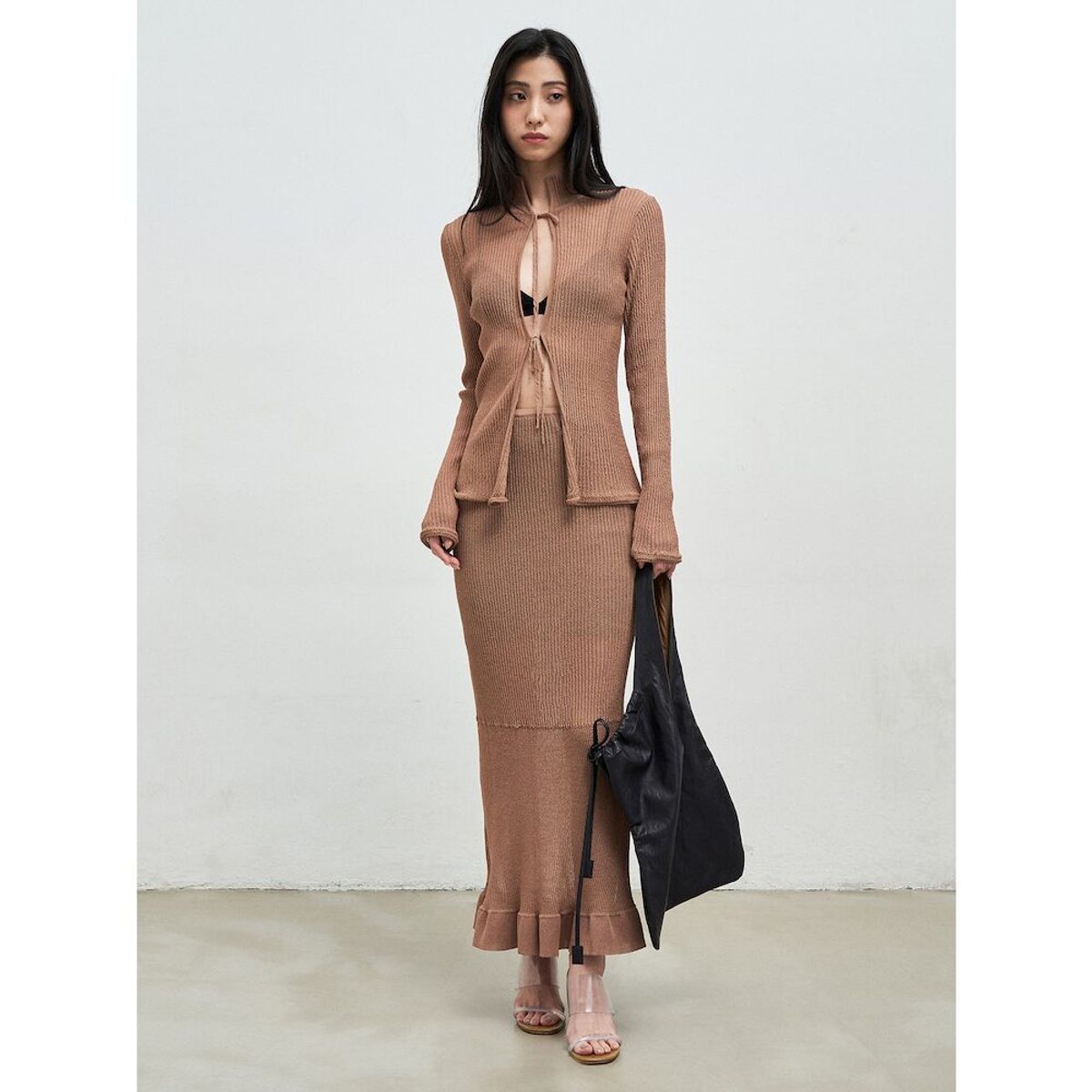 앙개(ANGGAE) Textured Knit Tie Cardigan  Brown