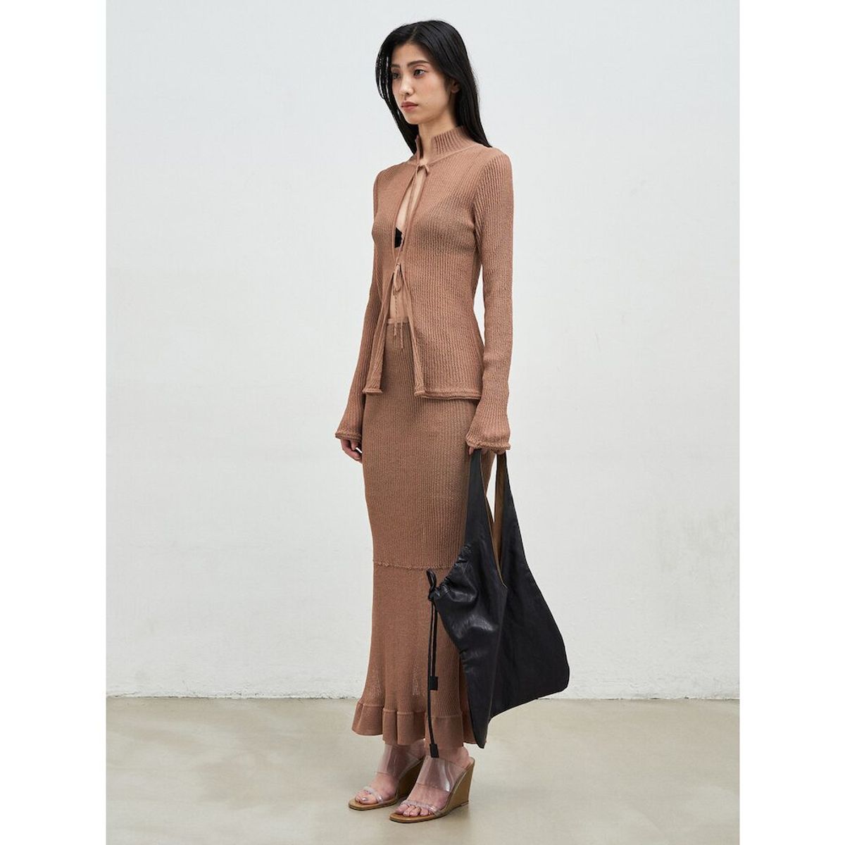앙개(ANGGAE) Textured Knit Tie Cardigan  Brown