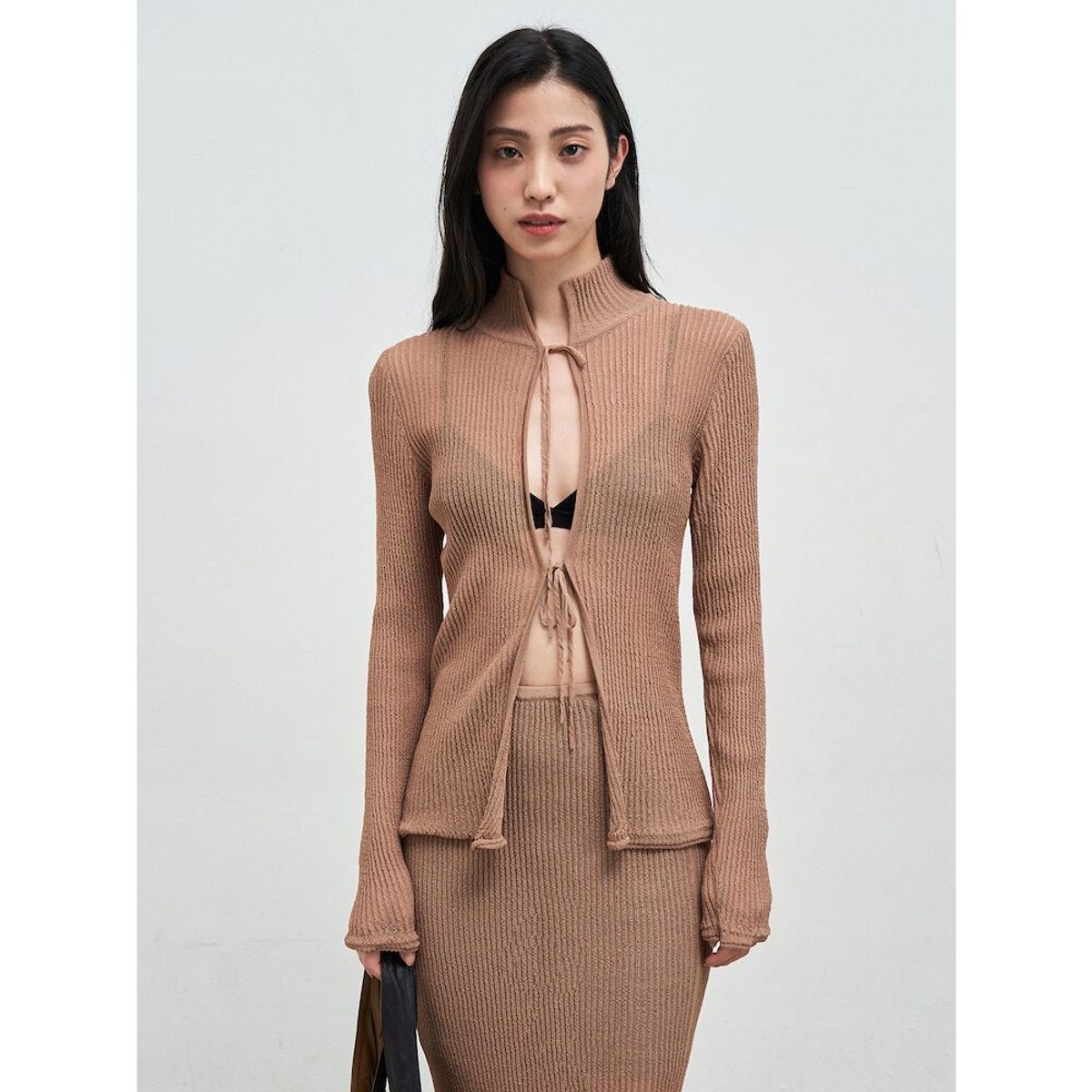 앙개(ANGGAE) Textured Knit Tie Cardigan  Brown