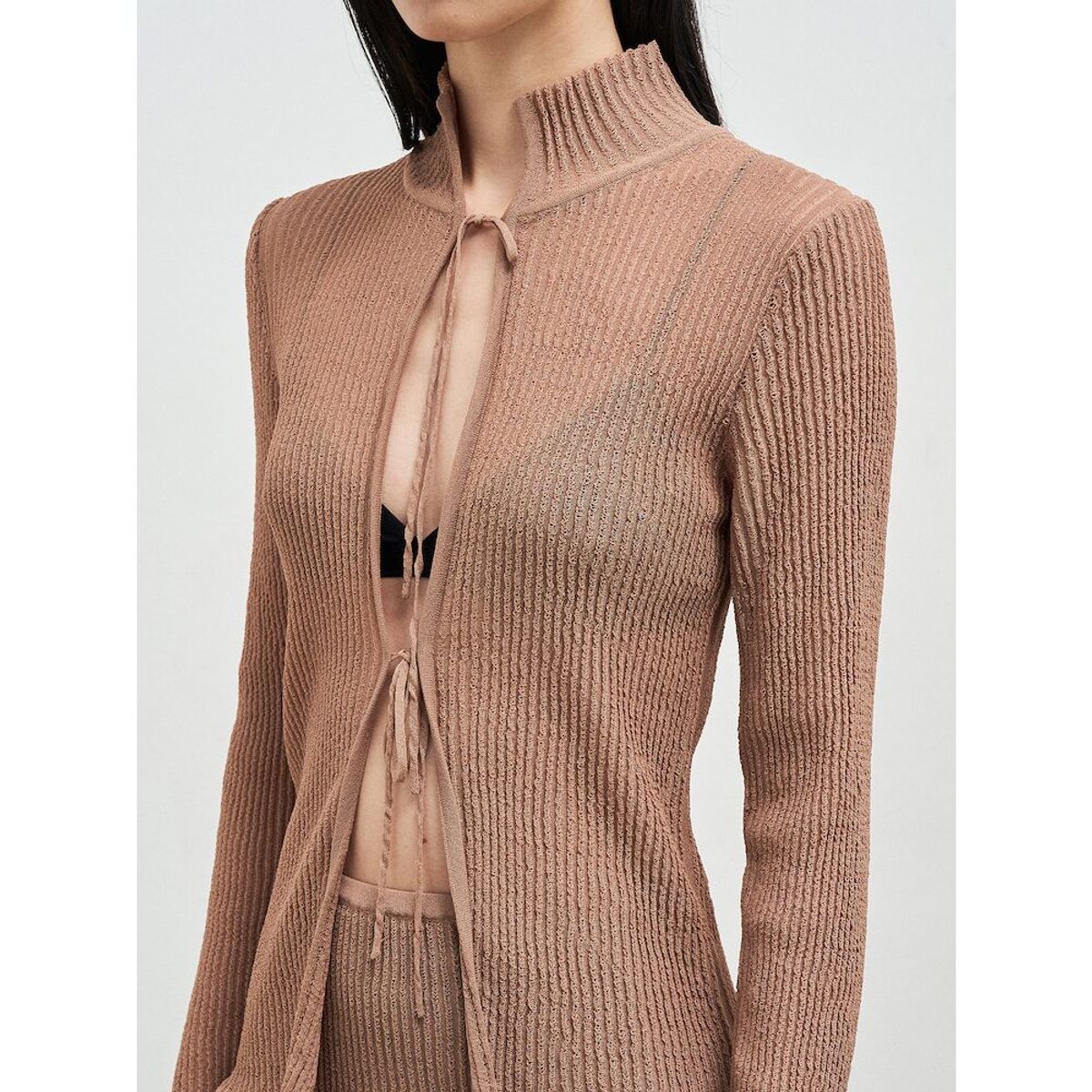 앙개(ANGGAE) Textured Knit Tie Cardigan  Brown