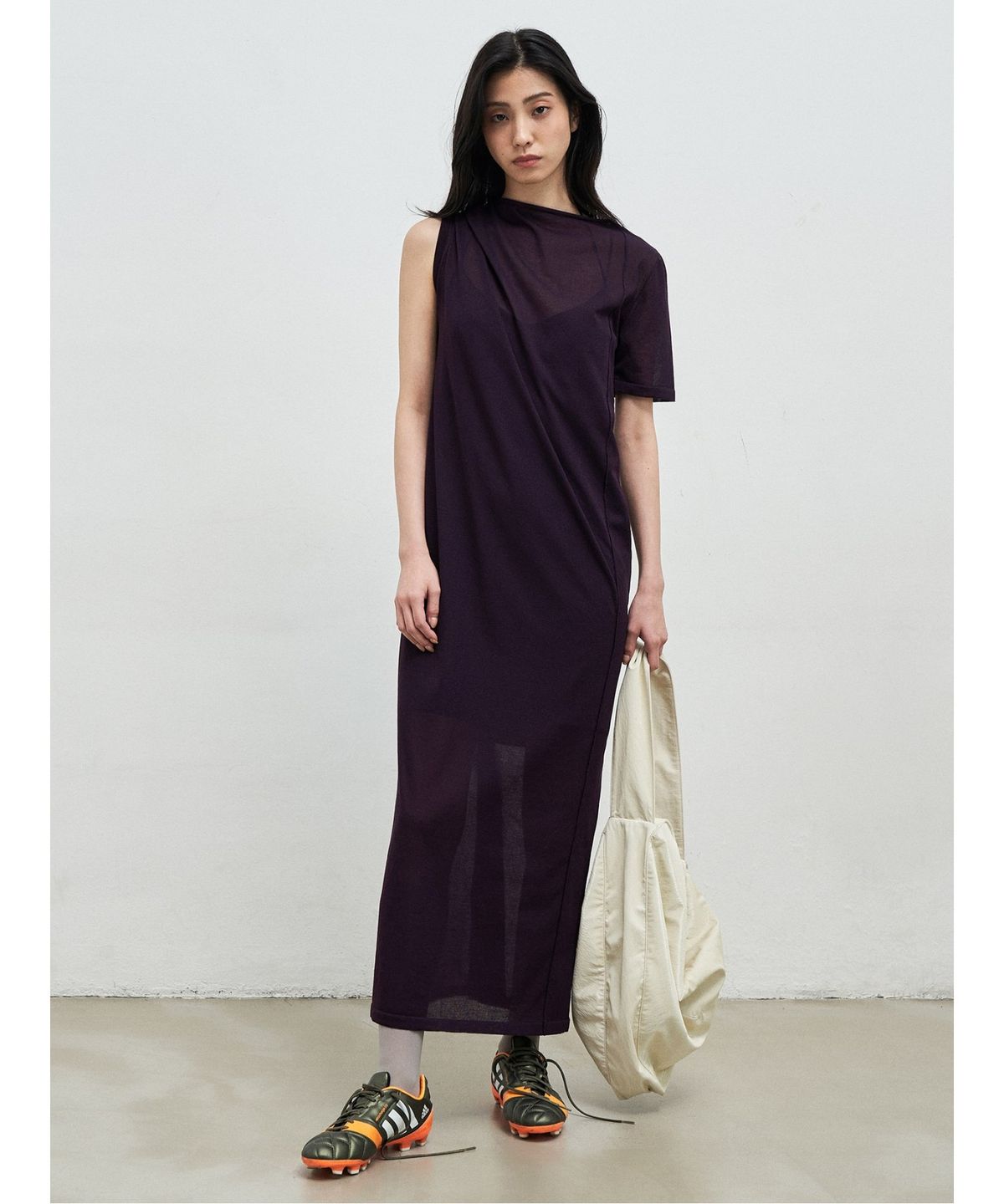 앙개(ANGGAE) Draped Asymmetrical Knit Dress  Violet