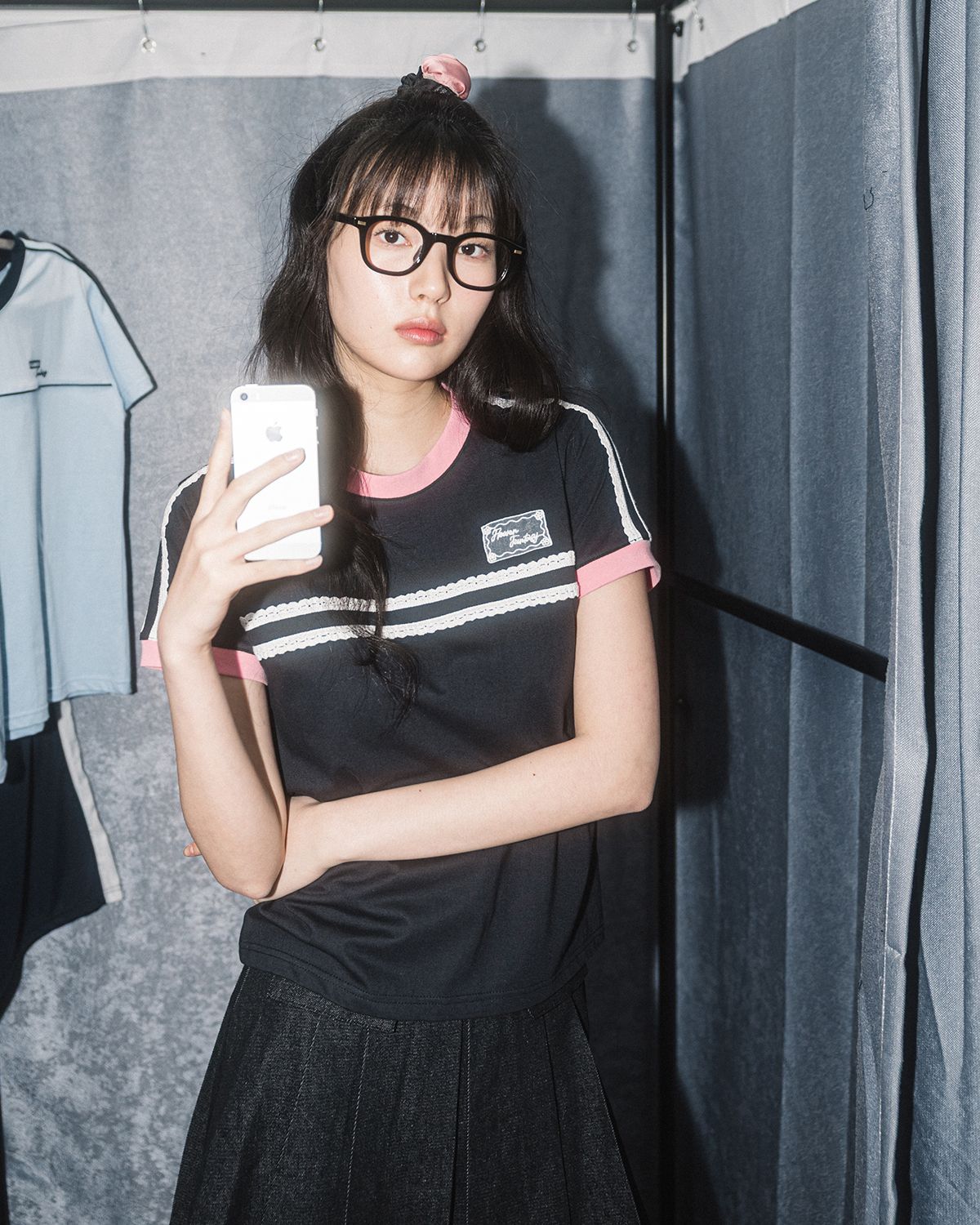 해비즘(HAVISM) DOUBLE LACE S/S TEE(BLACK CHARCOAL)