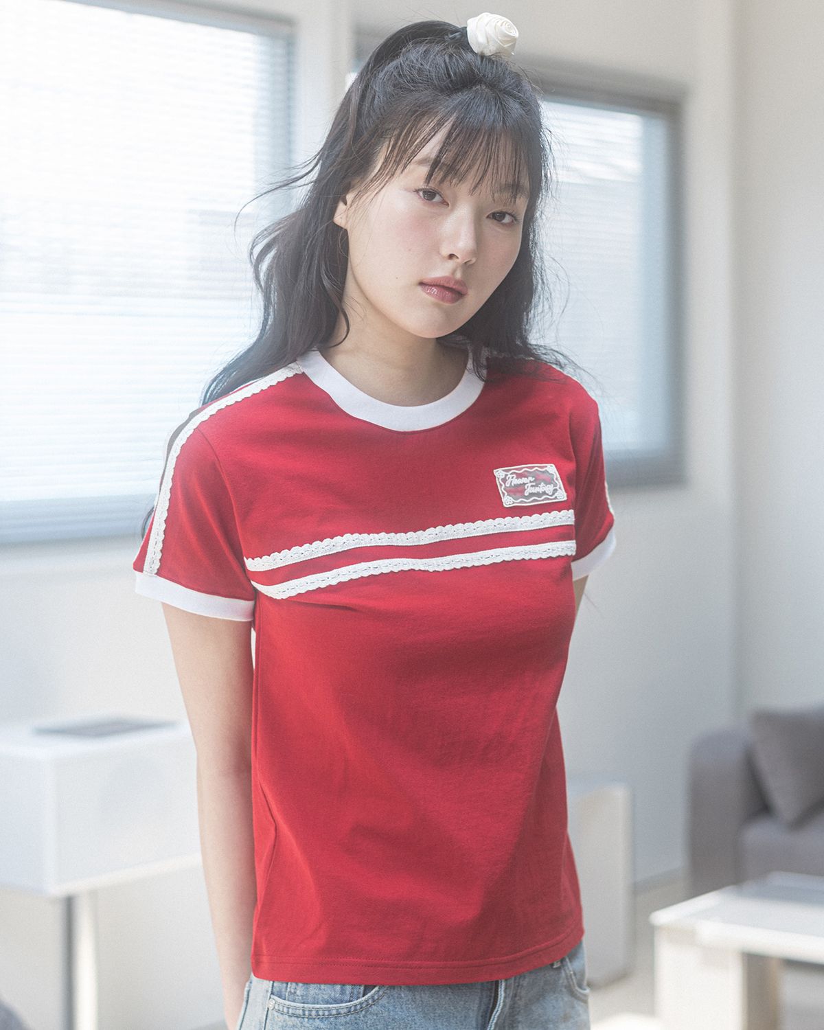 해비즘(HAVISM) DOUBLE LACE S/S TEE(RED)