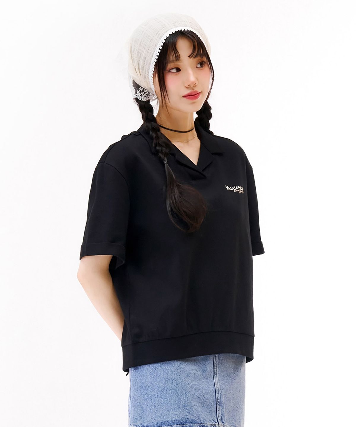 체이스컬트(CHASECULT) 여성 오픈 카라 반팔 티셔츠-블랙