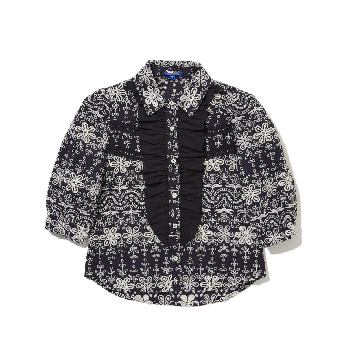 펜필드(PENFIELD) 웨스턴 라인 턱시도 러플 블라우스 네이비_FR2WR22U