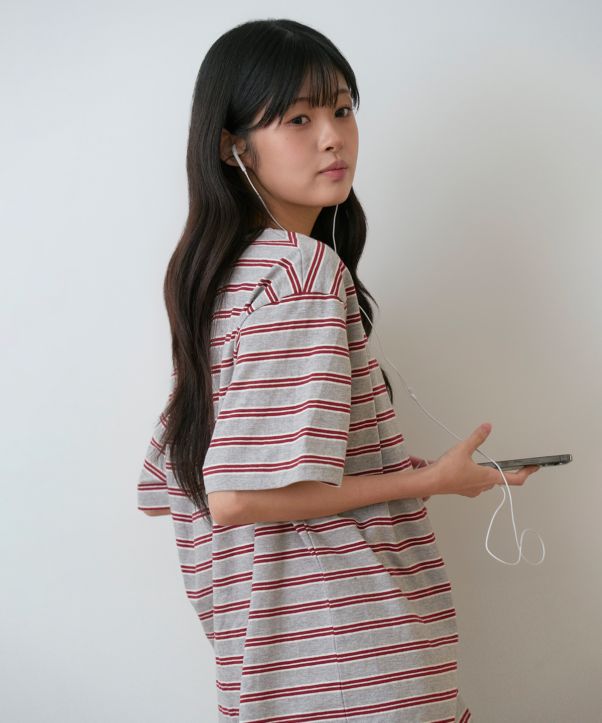 사유(SAYUU) 스트라이프 비스킷 반팔 티 그레이