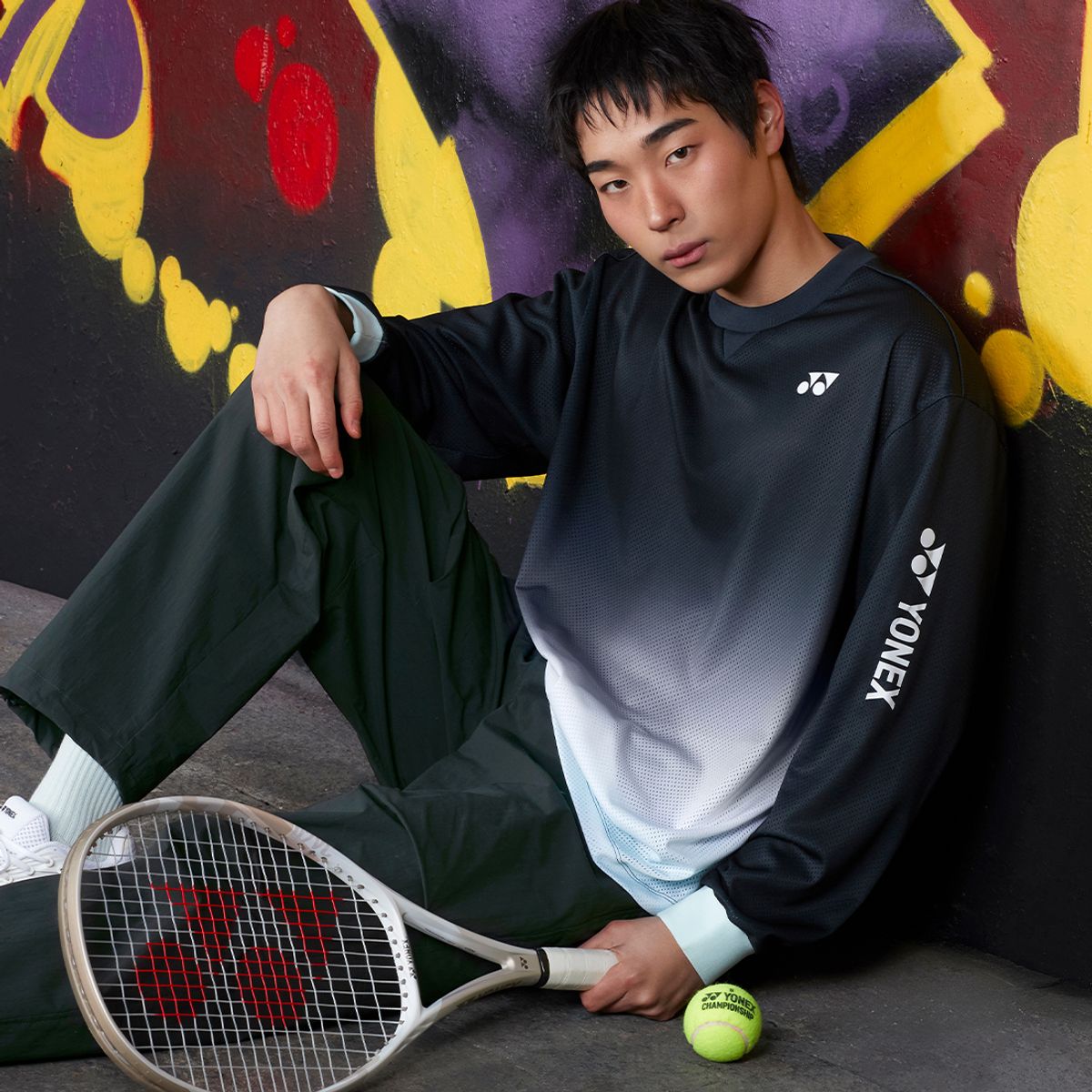 요넥스(YONEX) 255TL003U 카키 그레이 남녀공용 오버핏 메쉬 맨투맨 티셔츠