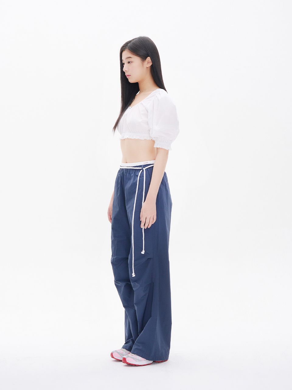 YOUHEE) COTTON LAYERED BANDING WIDE PANTS NAVY