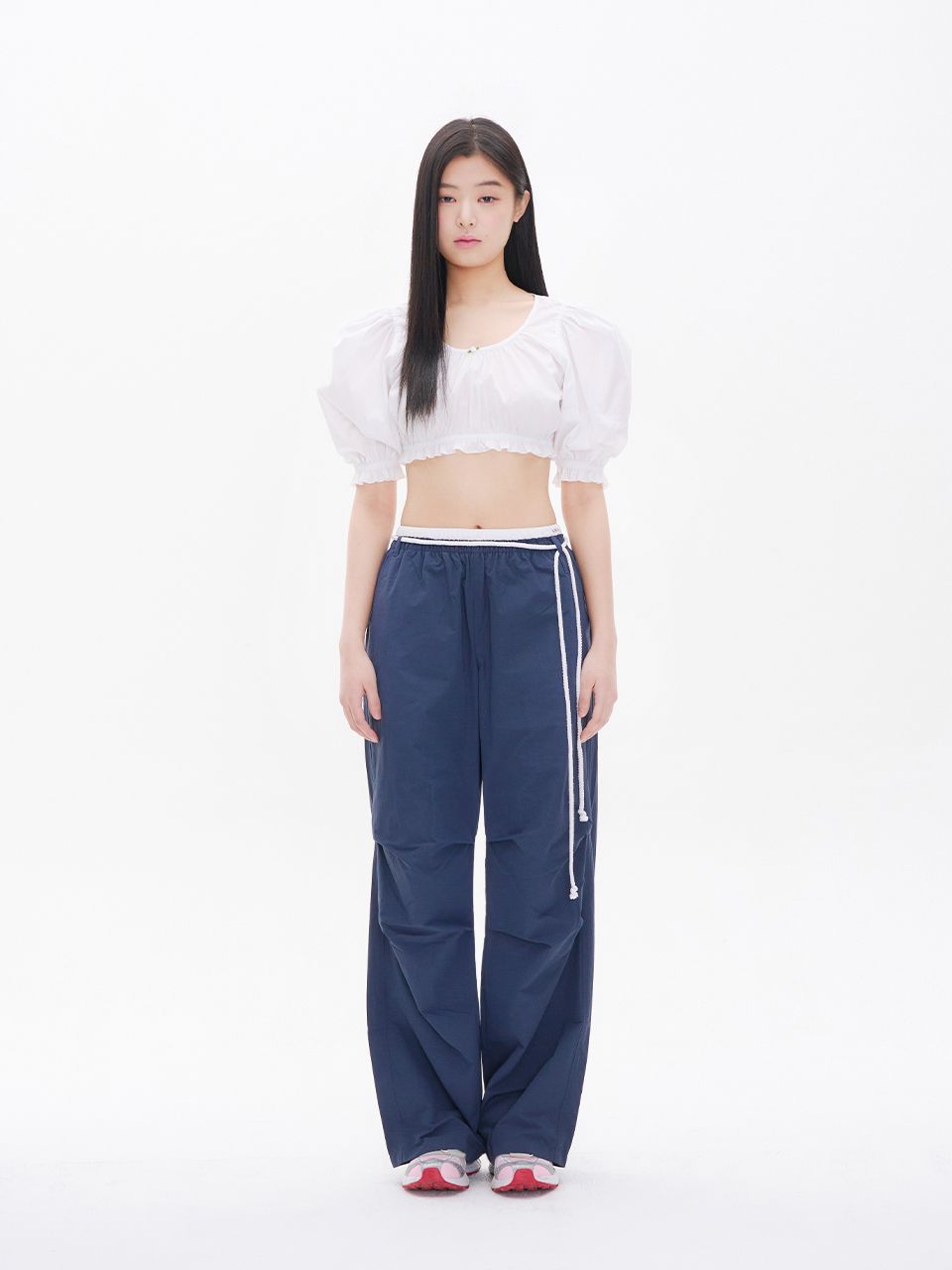 YOUHEE) COTTON LAYERED BANDING WIDE PANTS NAVY