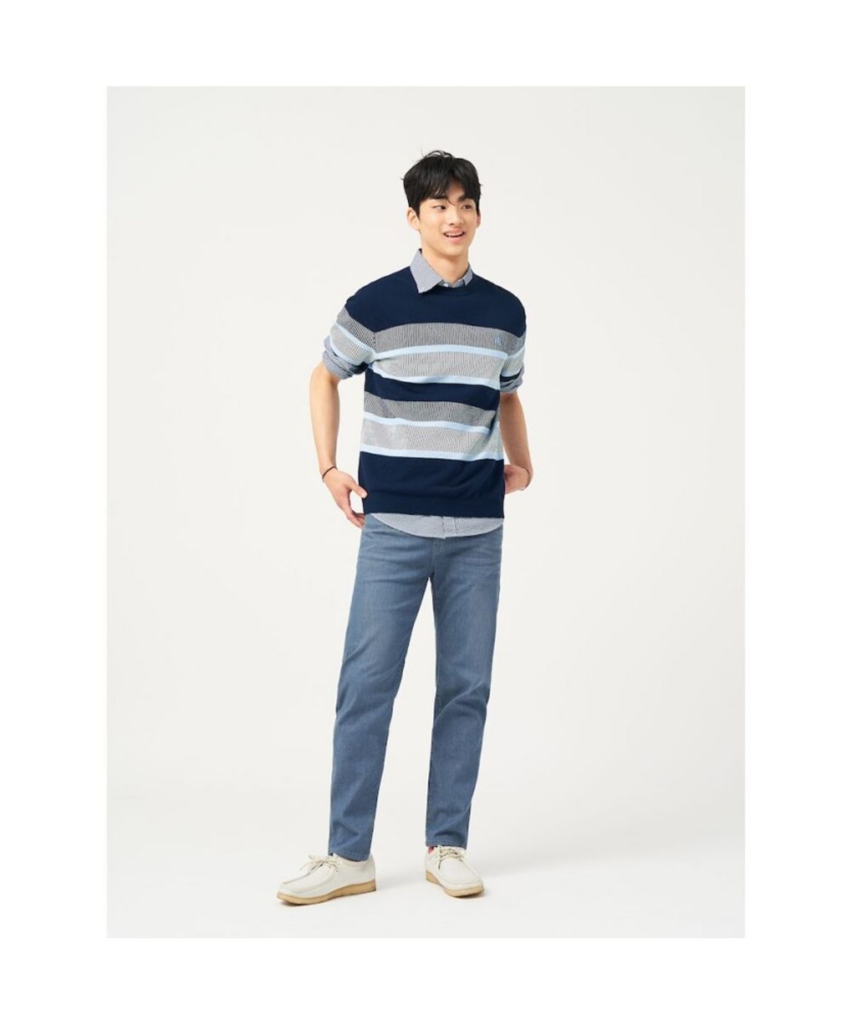 빈폴 멘(BEANPOLE MEN) 블록 패턴 라운드 니트  네이비 (BC5351C33R)